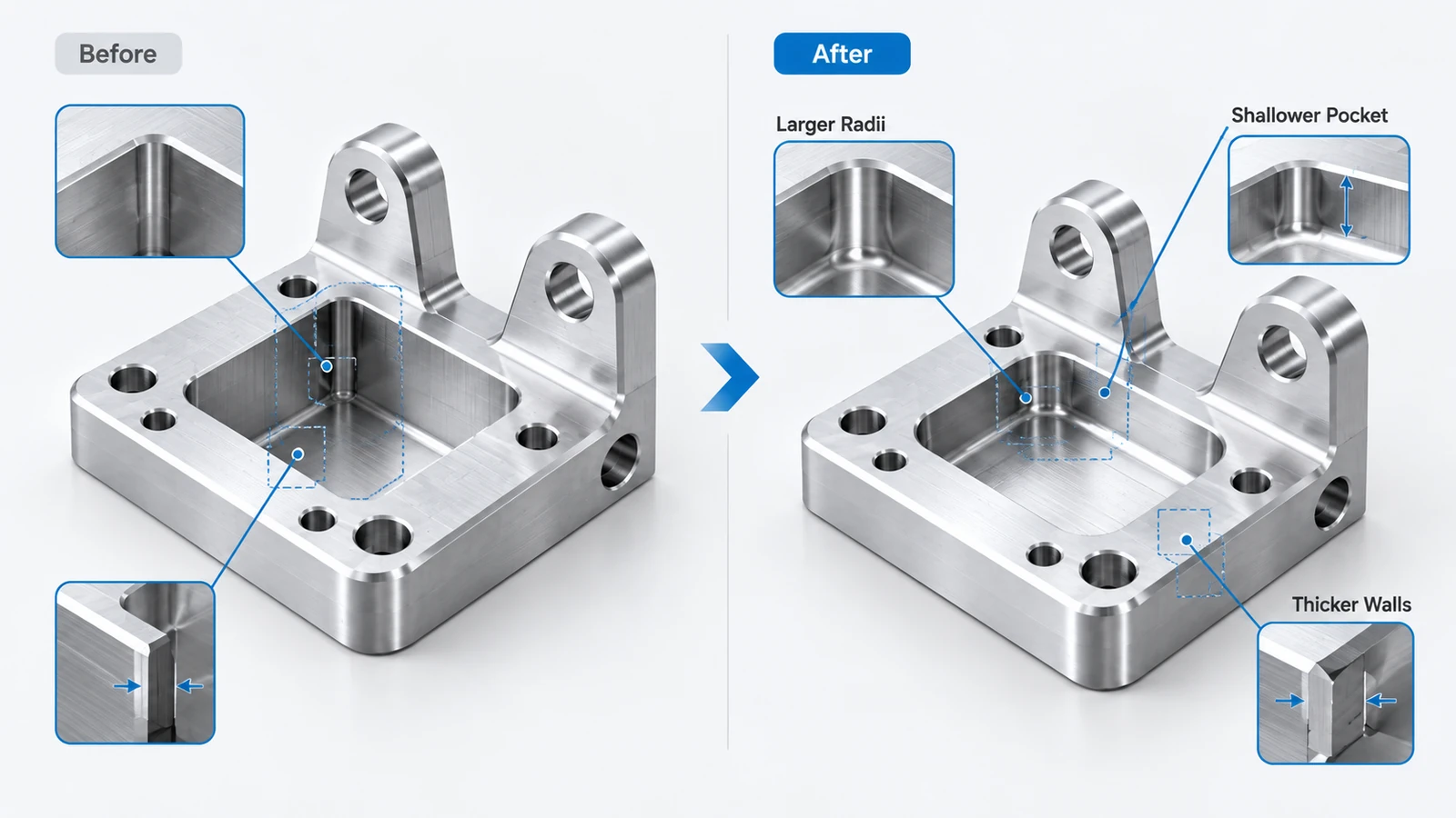 3-axis vs 5-axis CNC machining setup comparison showing multiple setups and reduced part repositioning