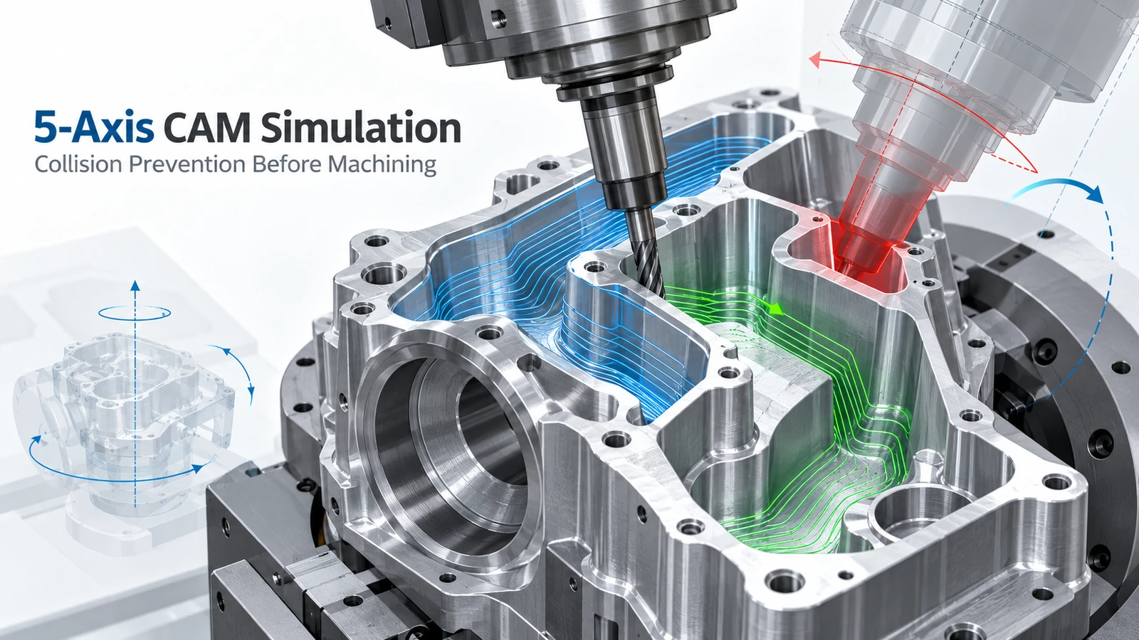5-axis CAM simulation checking toolpaths and collision risks before CNC machining