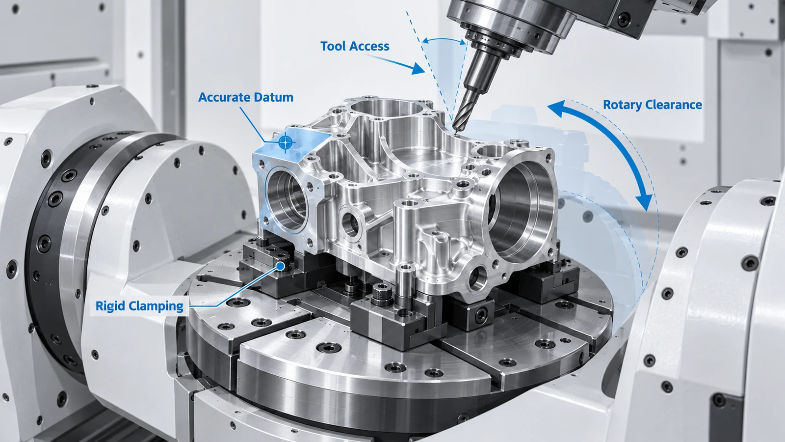 5-axis CNC setup showing rigid workholding, tool access, alignment and rotary clearance