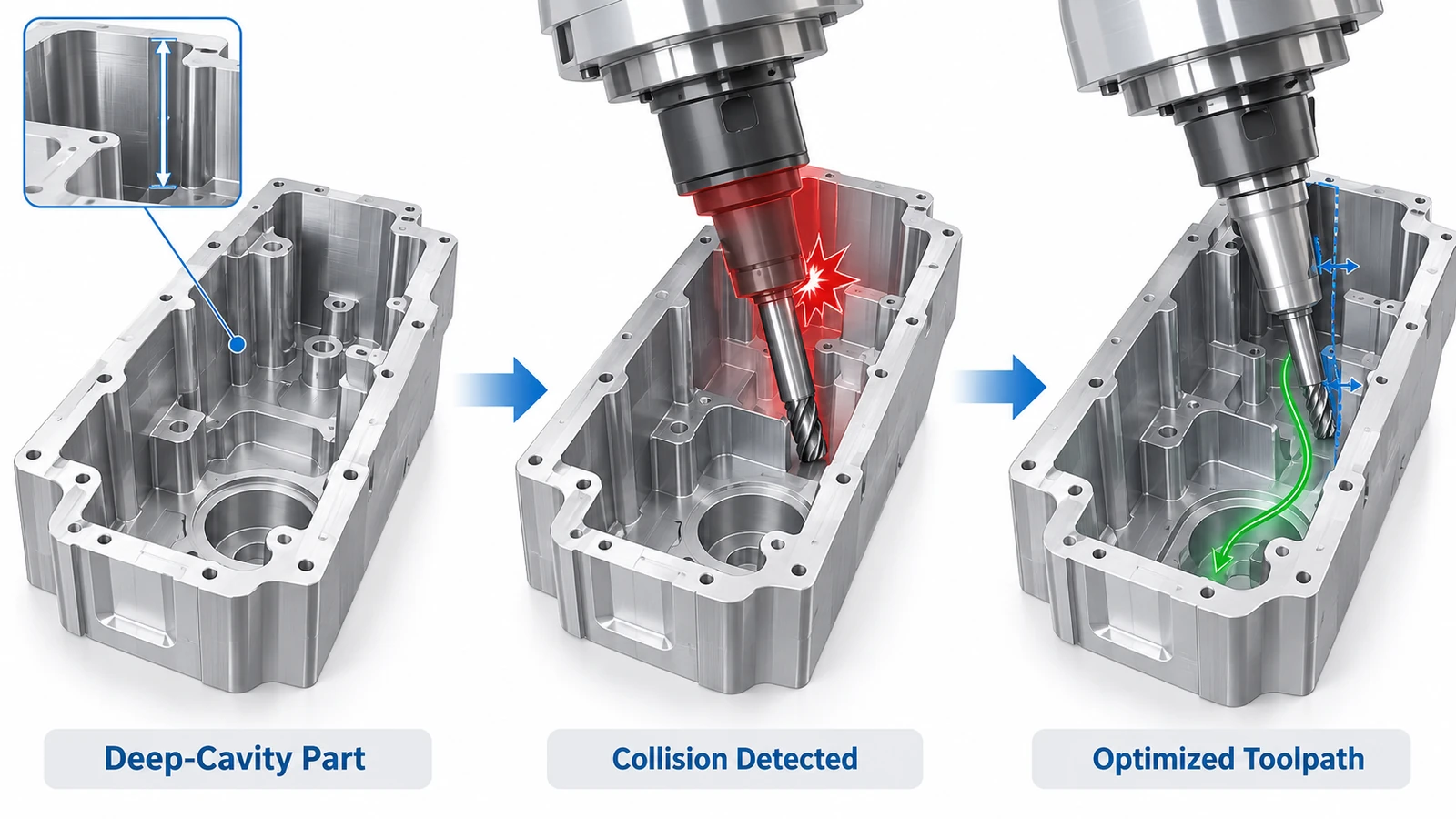 5-axis CAM simulation detecting and correcting tool holder collision in a deep cavity aluminum part