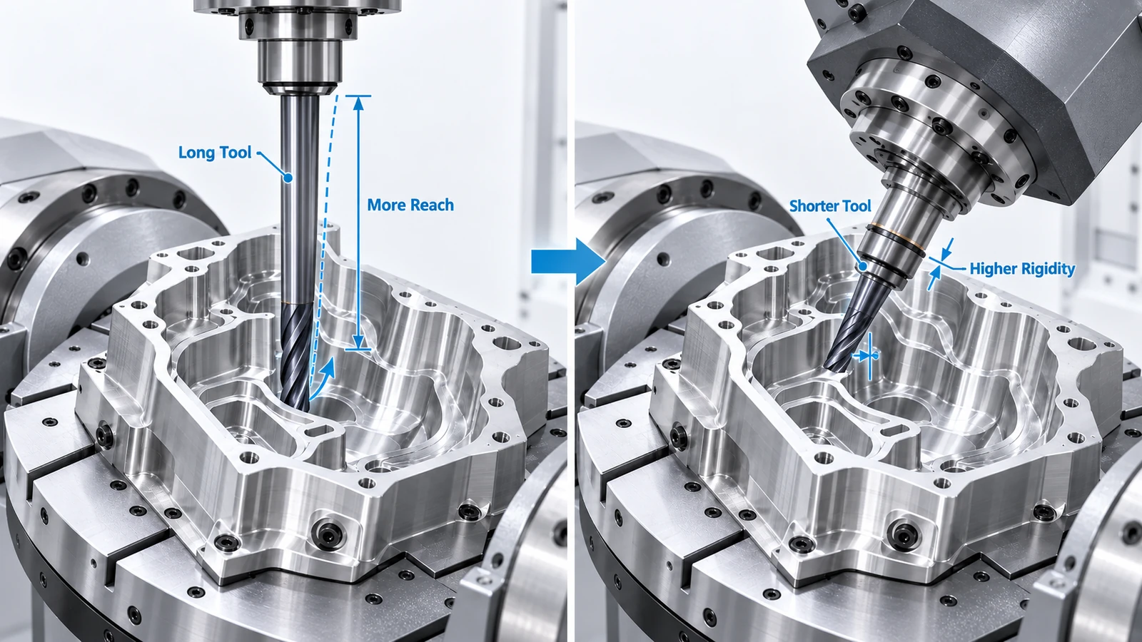 5-axis deep cavity machining using a short tilted tool and slim holder to improve rigidity and clearance