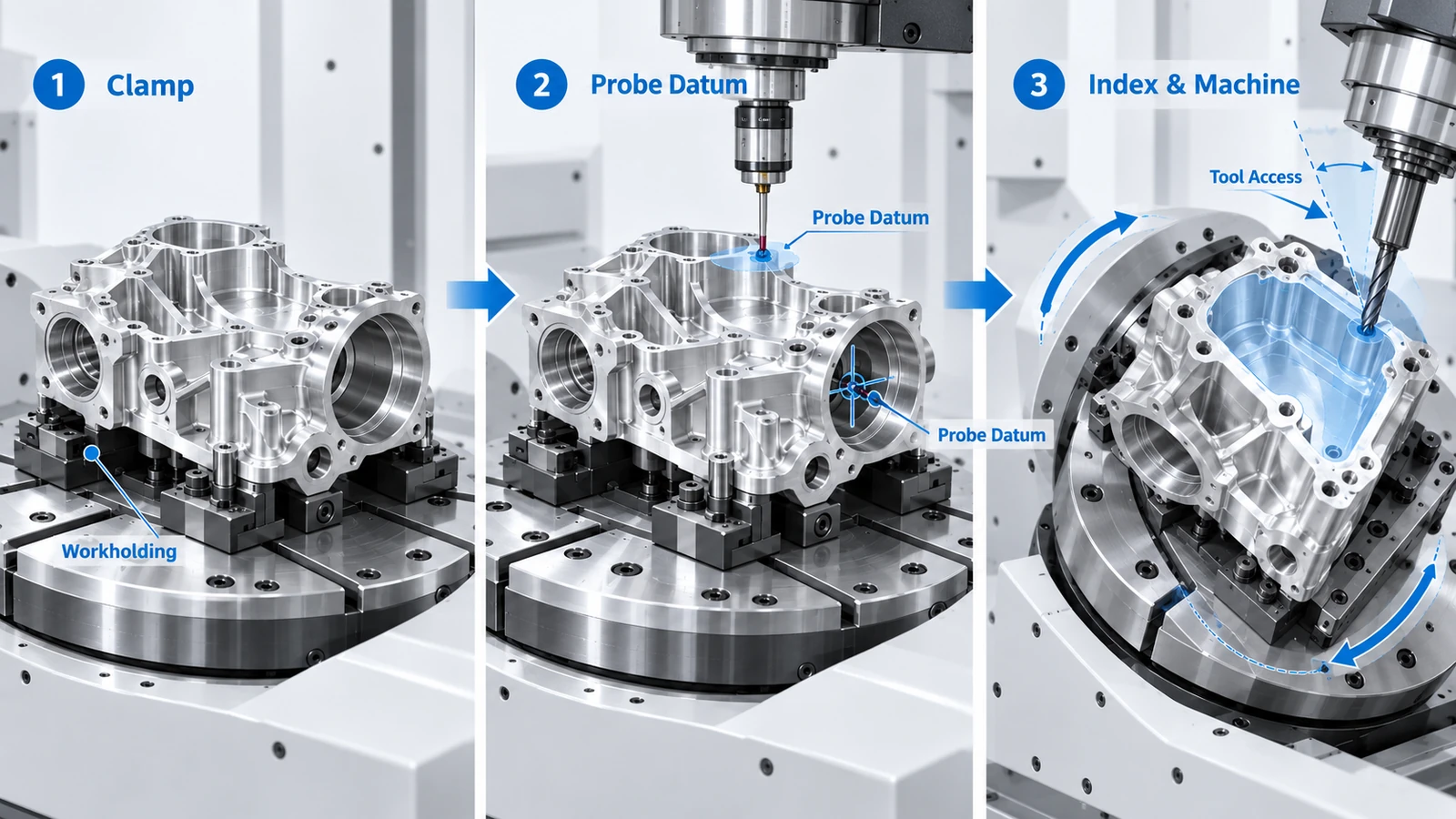 5-axis workholding setup for a deep cavity aluminum housing with probing and multi-side machining