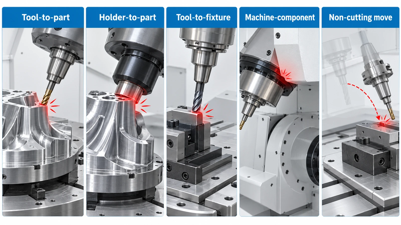 Common collision types in 5-axis machining including tool, holder, fixture and machine interference