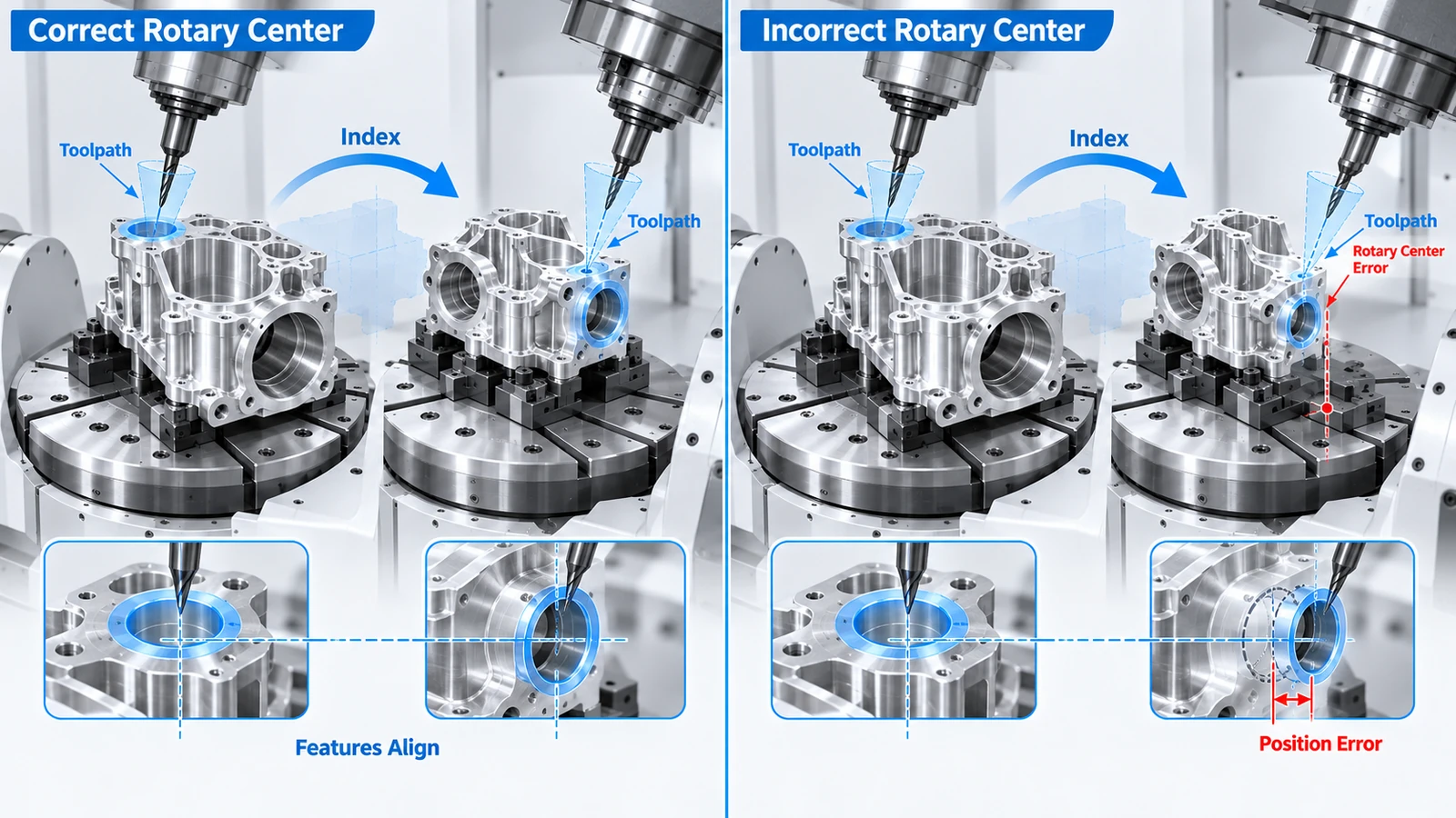 Rotary center calibration error causing feature misalignment during 5-axis indexing