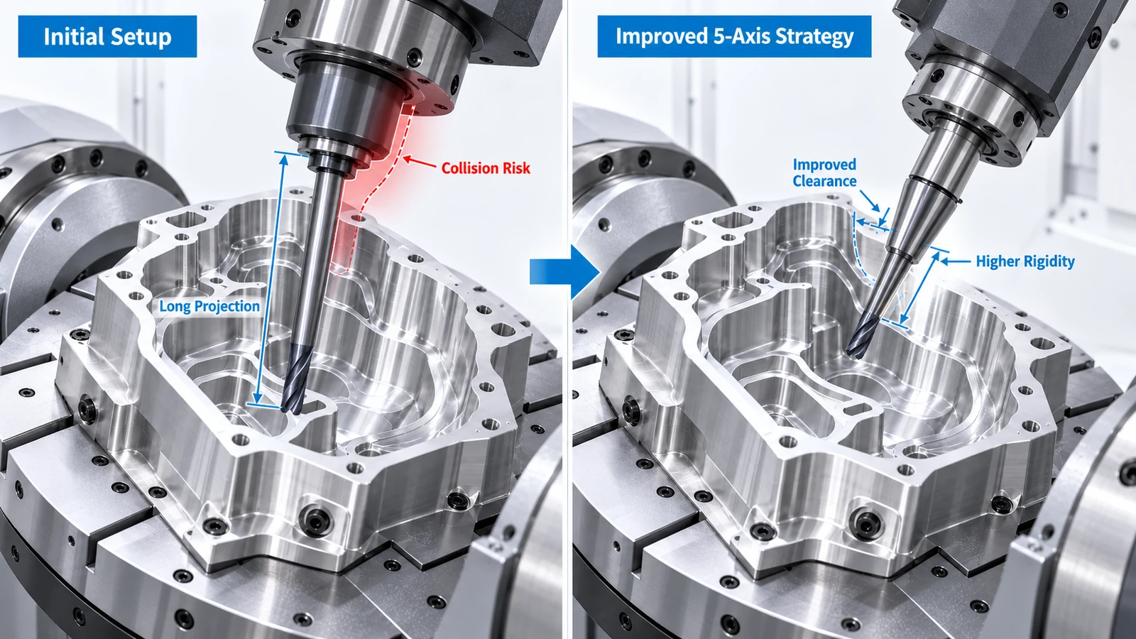 Comparison of long and short 5-axis cutting tools showing reach versus rigidity and deflection