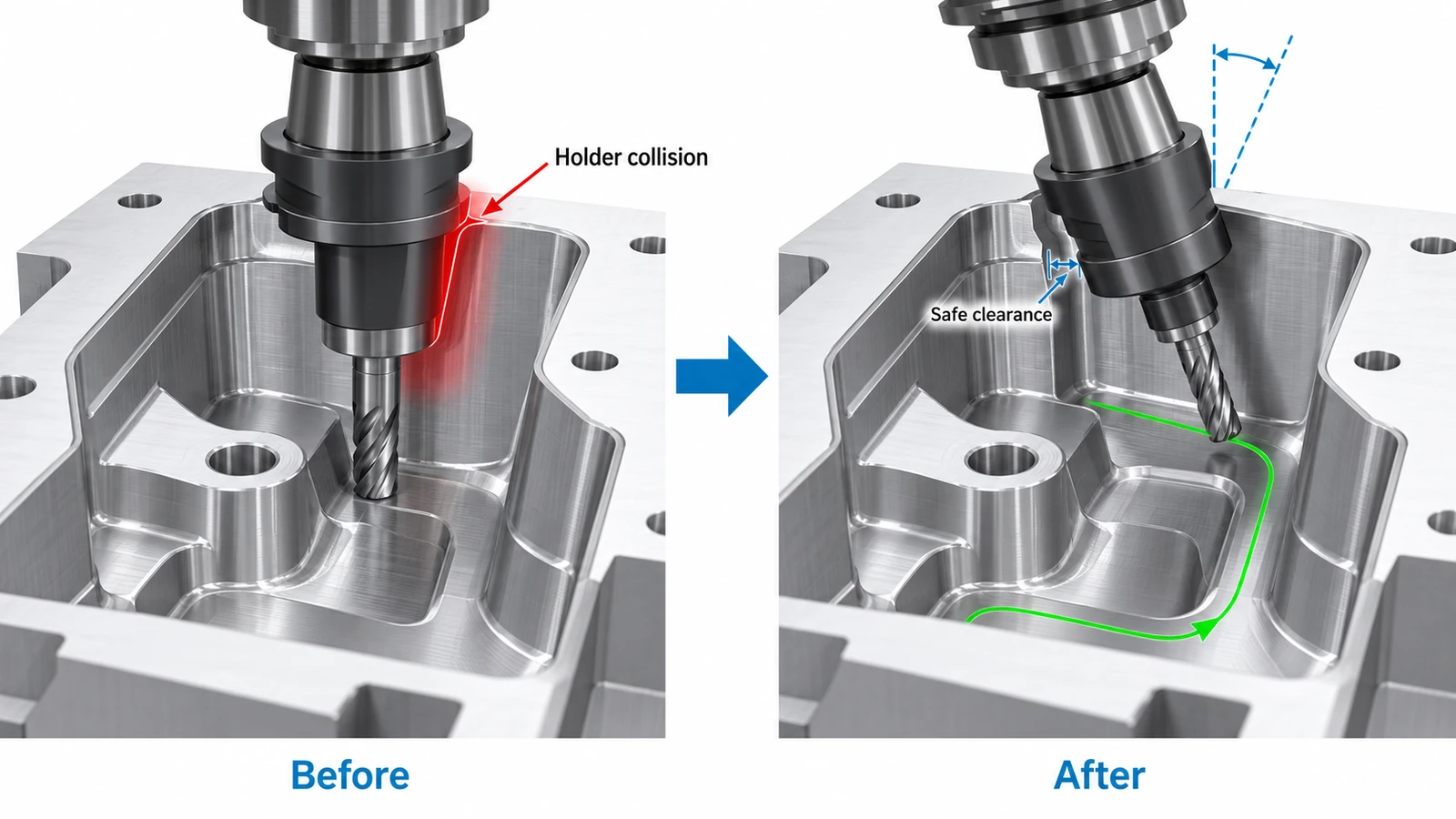 Adjusting 5-axis tool tilt angle to prevent tool holder collision with a deep cavity wall