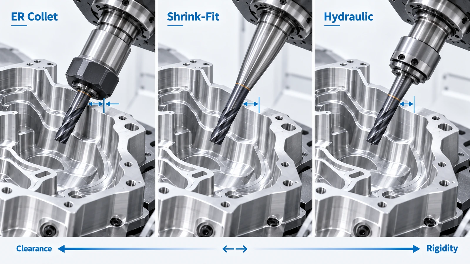 Comparison of ER, shrink-fit and hydraulic toolholders for 5-axis machining clearance and rigidity