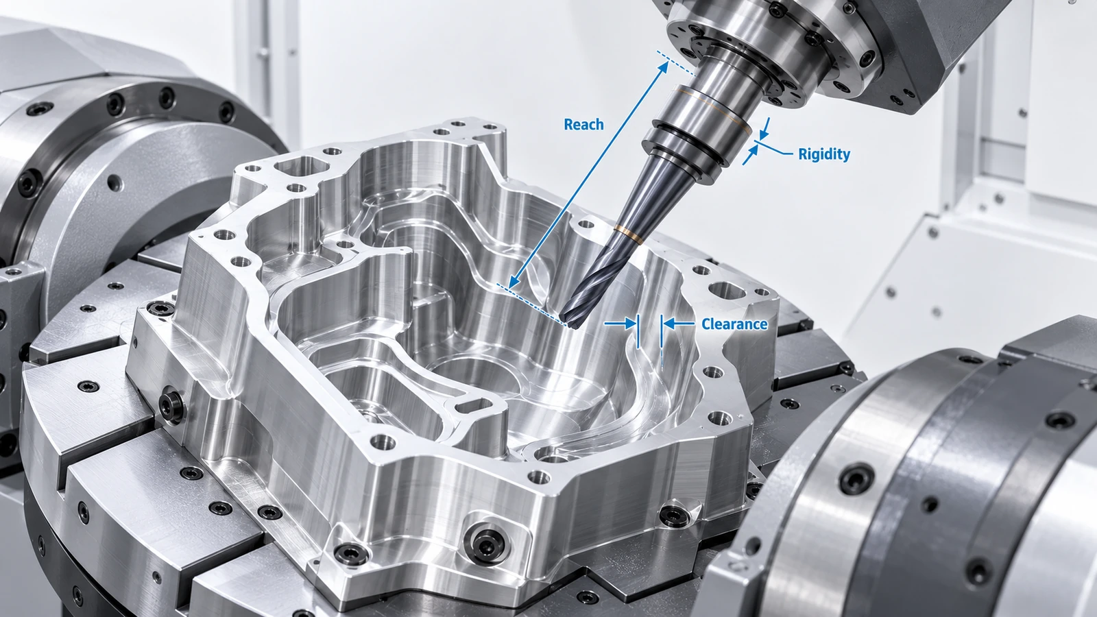 5-axis toolholder and cutting tool selection balancing reach, rigidity and machining clearance