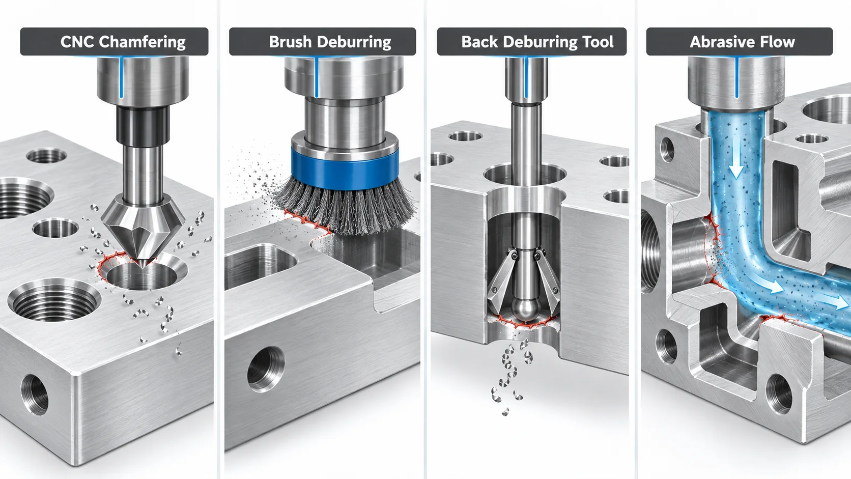 CNC deburring methods comparing chamfering brushing back deburring and internal abrasive finishing