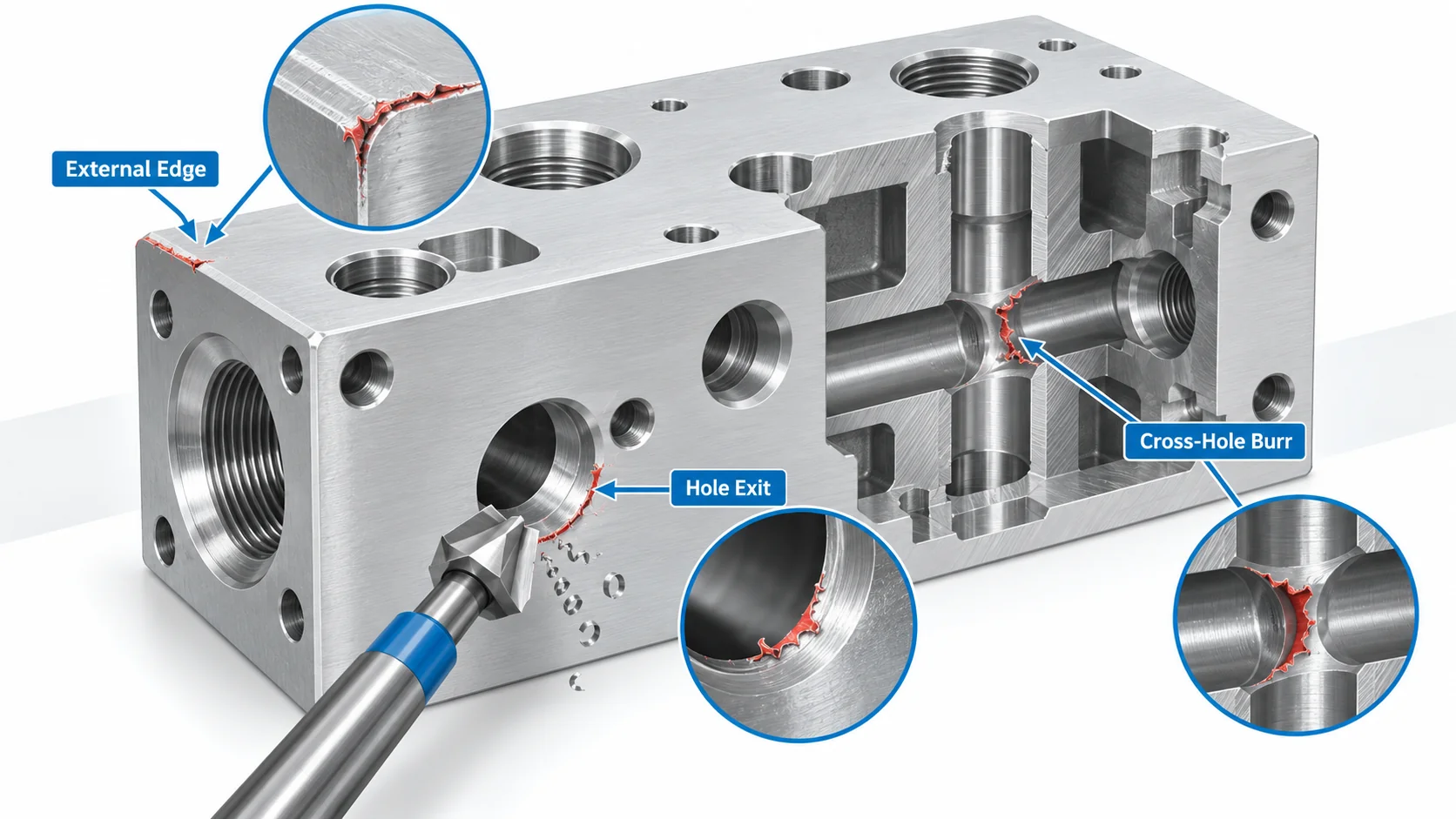 CNC deburring process showing external edge hole exit and internal cross hole burrs on an aluminum manifold