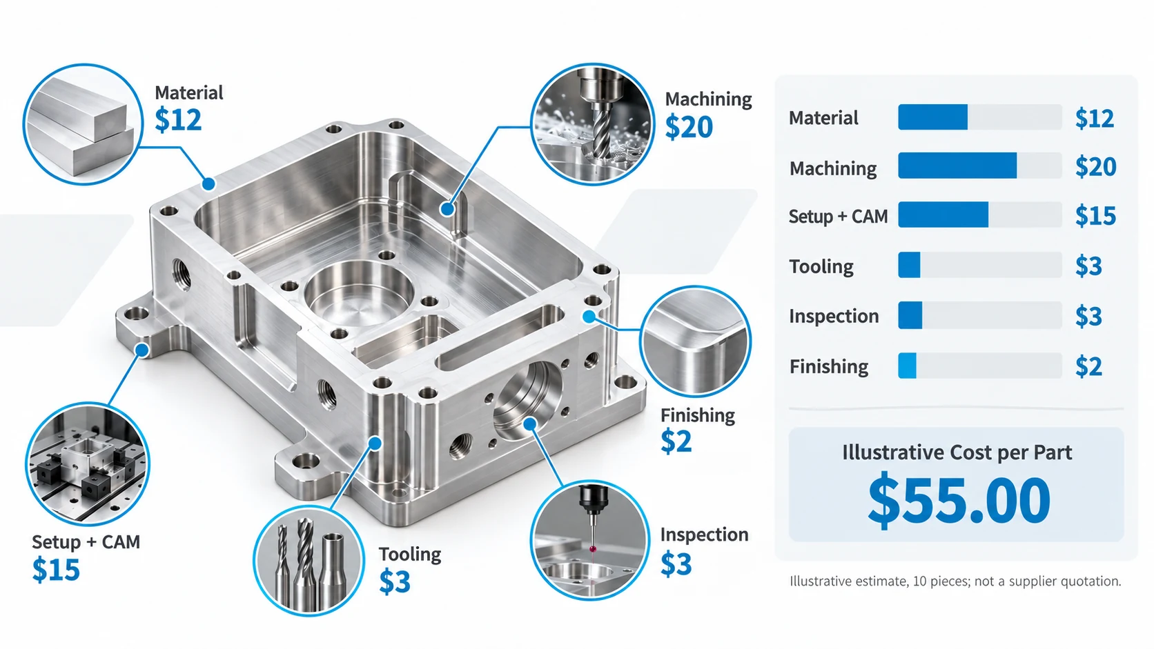 CNC milling cost breakdown for an aluminum housing showing material, machining, setup, tooling, inspection and finishing expenses
