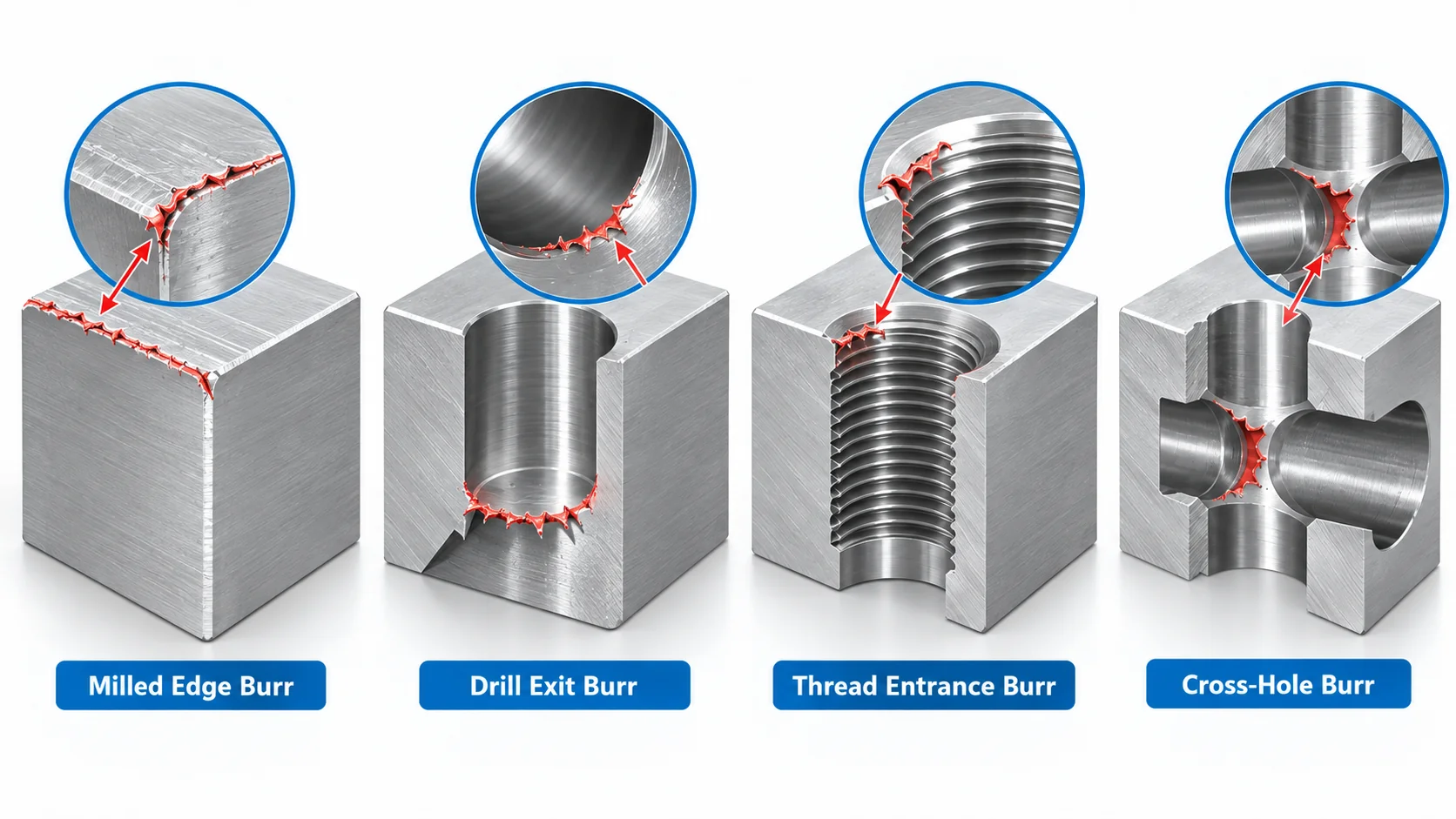 Common machining burr types including milled edge drill exit thread entrance and cross hole burrs