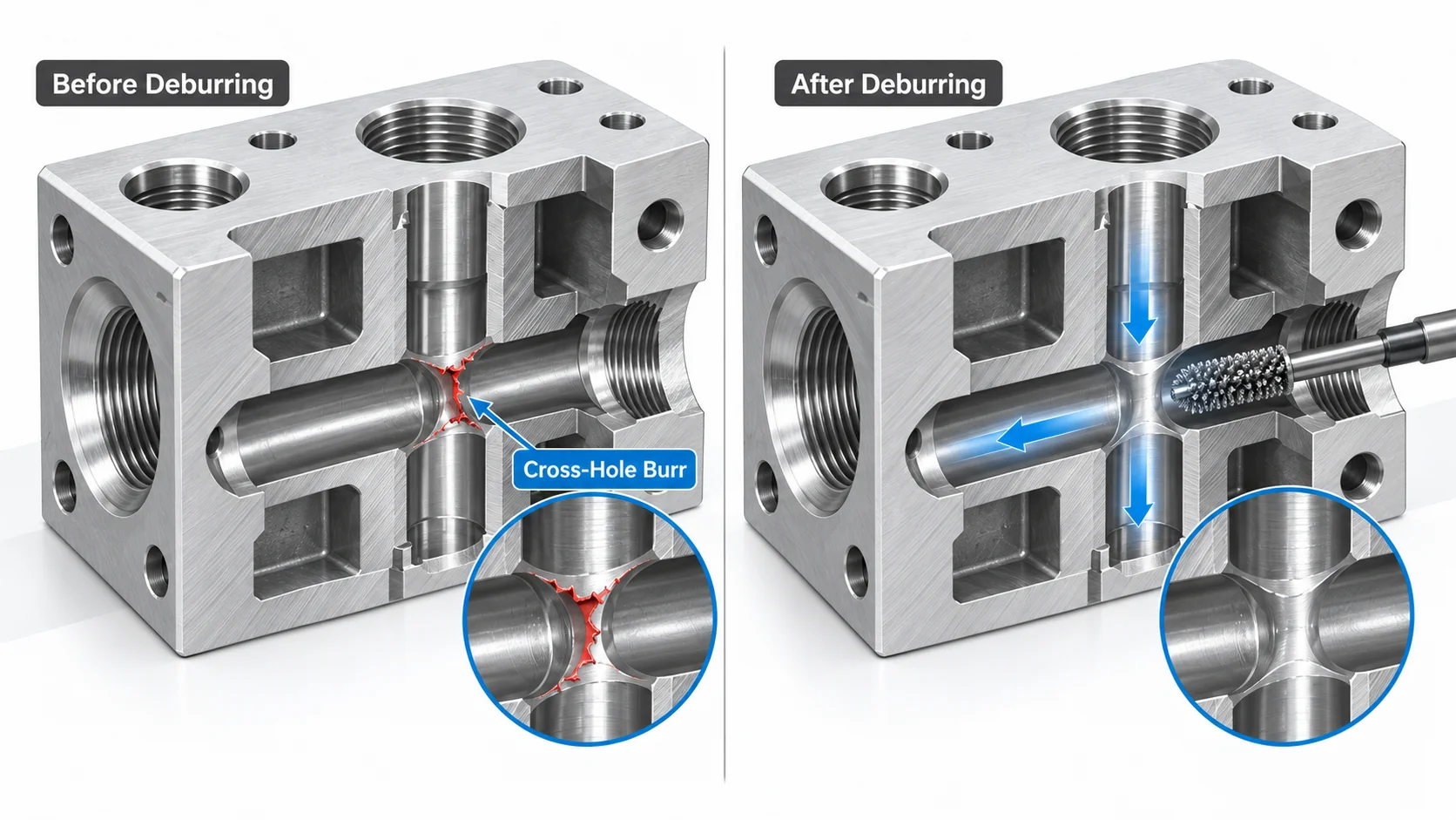 Cross hole deburring before and after removal of an internal burr in a CNC machined aluminum manifold