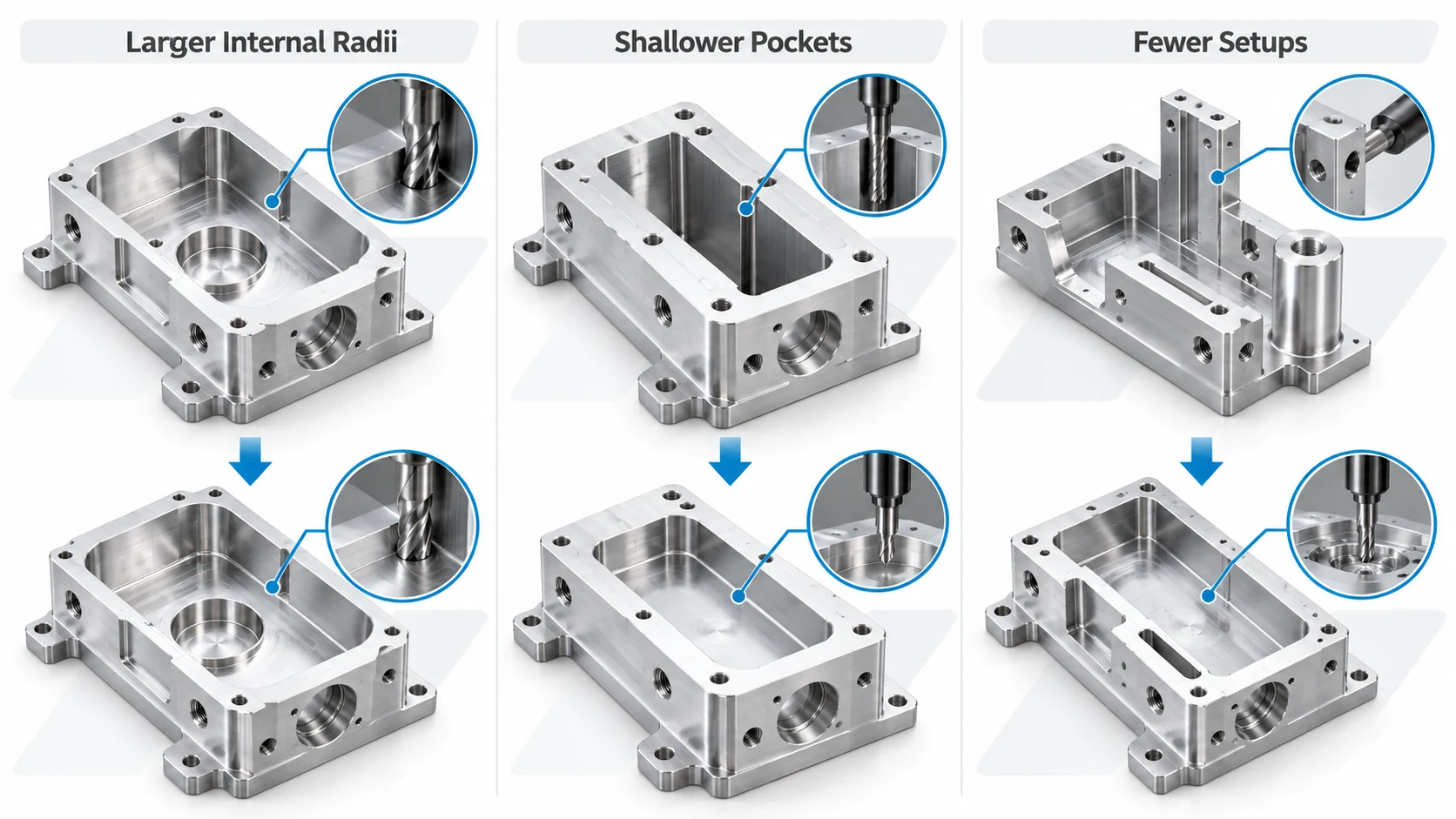 CNC milling DFM design optimization comparison showing larger internal radii, shallower pockets and improved tool accessibility
