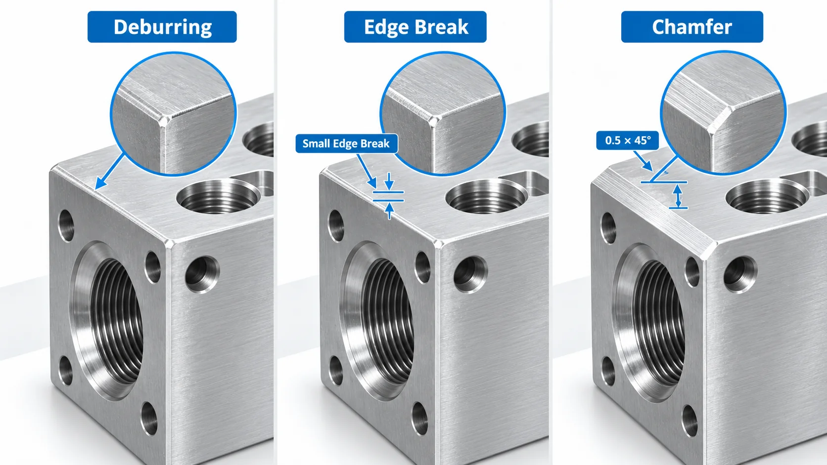 Deburring vs edge break vs chamfer showing differences in finished CNC machined edge geometry