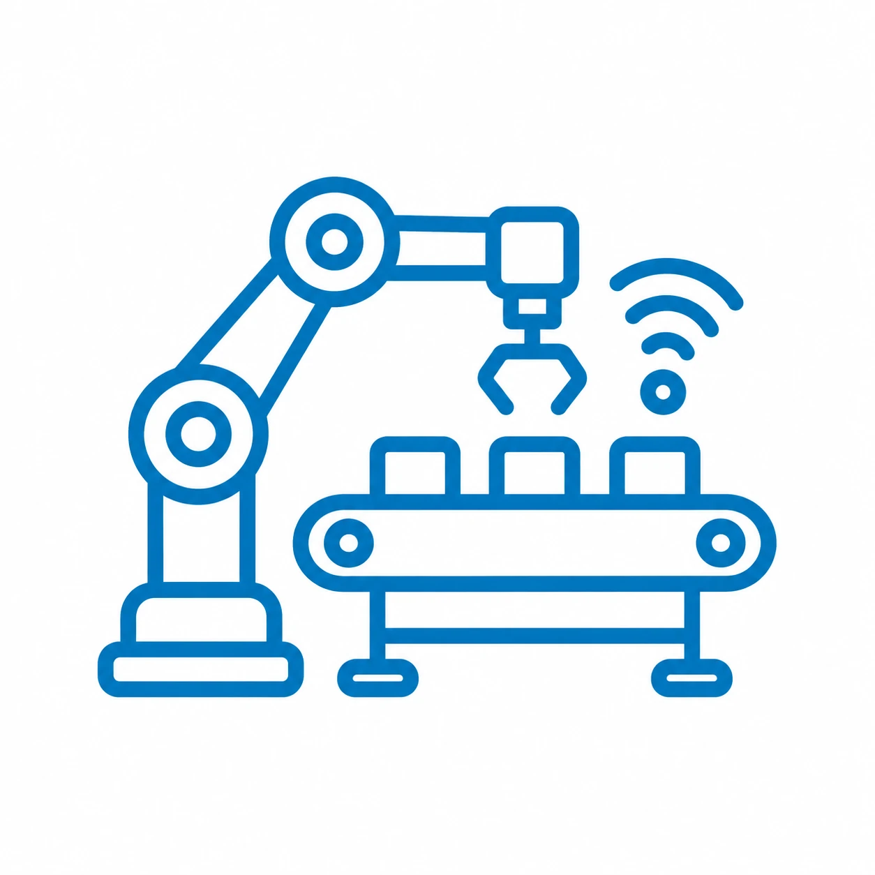Industrial automation icon showing a robotic arm and automated conveyor