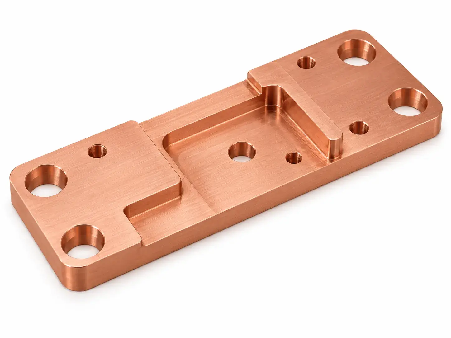 As-machined CNC copper component with deburred edges and natural copper surface