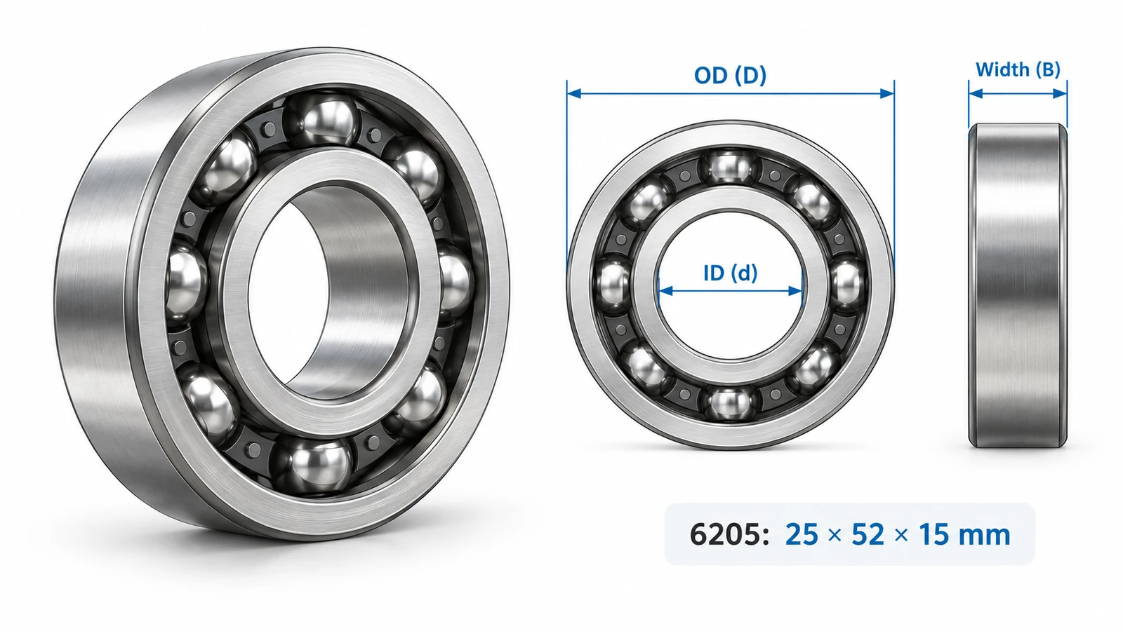 Ball bearing dimensions showing inner diameter, outer diameter, and width of a 6205 bearing