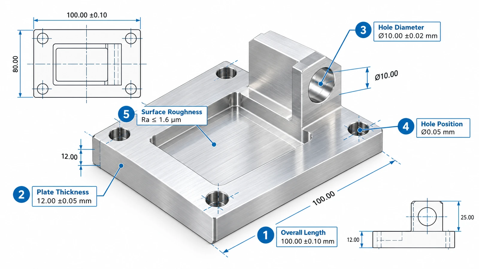Ballooned engineering drawing of a CNC machined aluminum bracket showing five numbered inspection characteristics