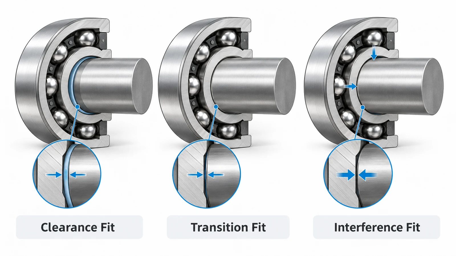 Comparison of clearance, transition, and interference fits between bearing inner ring and shaft