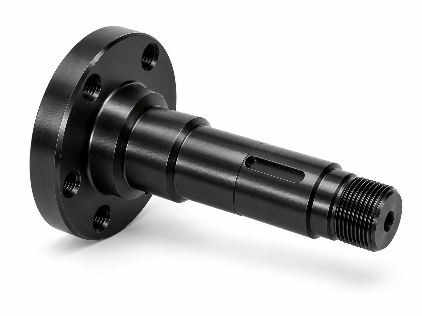 CNC machined carbon steel shaft with dark black oxide finish and threaded end