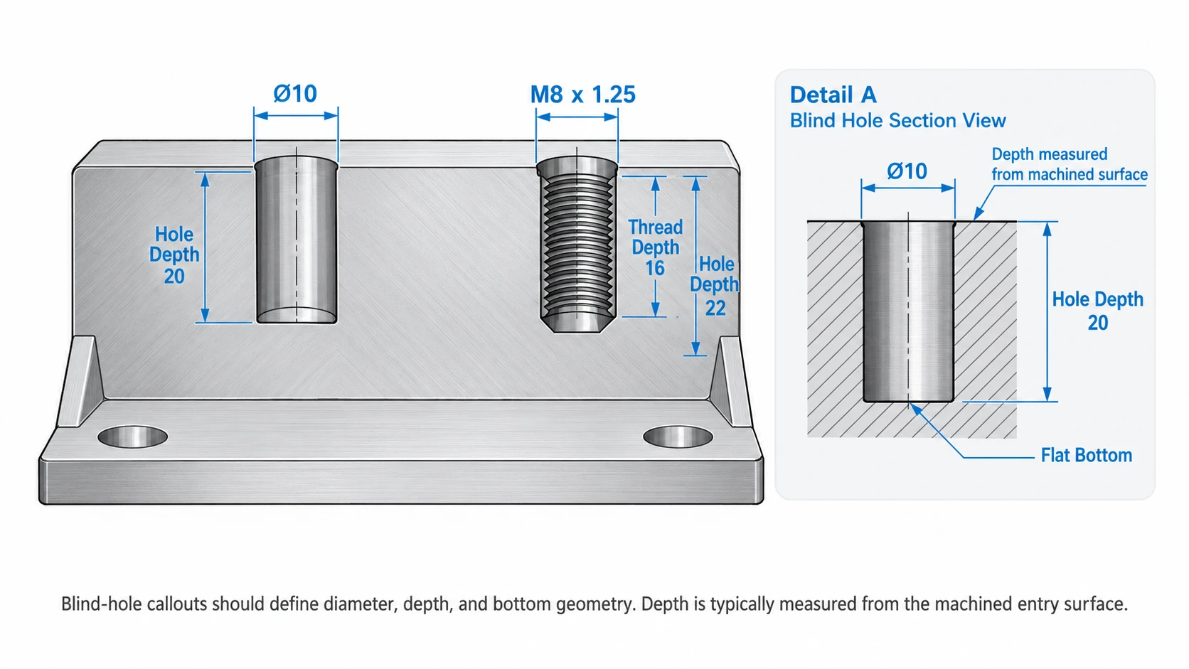 Engineering drawing of blind holes showing diameter, hole depth, thread depth, M8 thread callout, and flat-bottom dimensions.