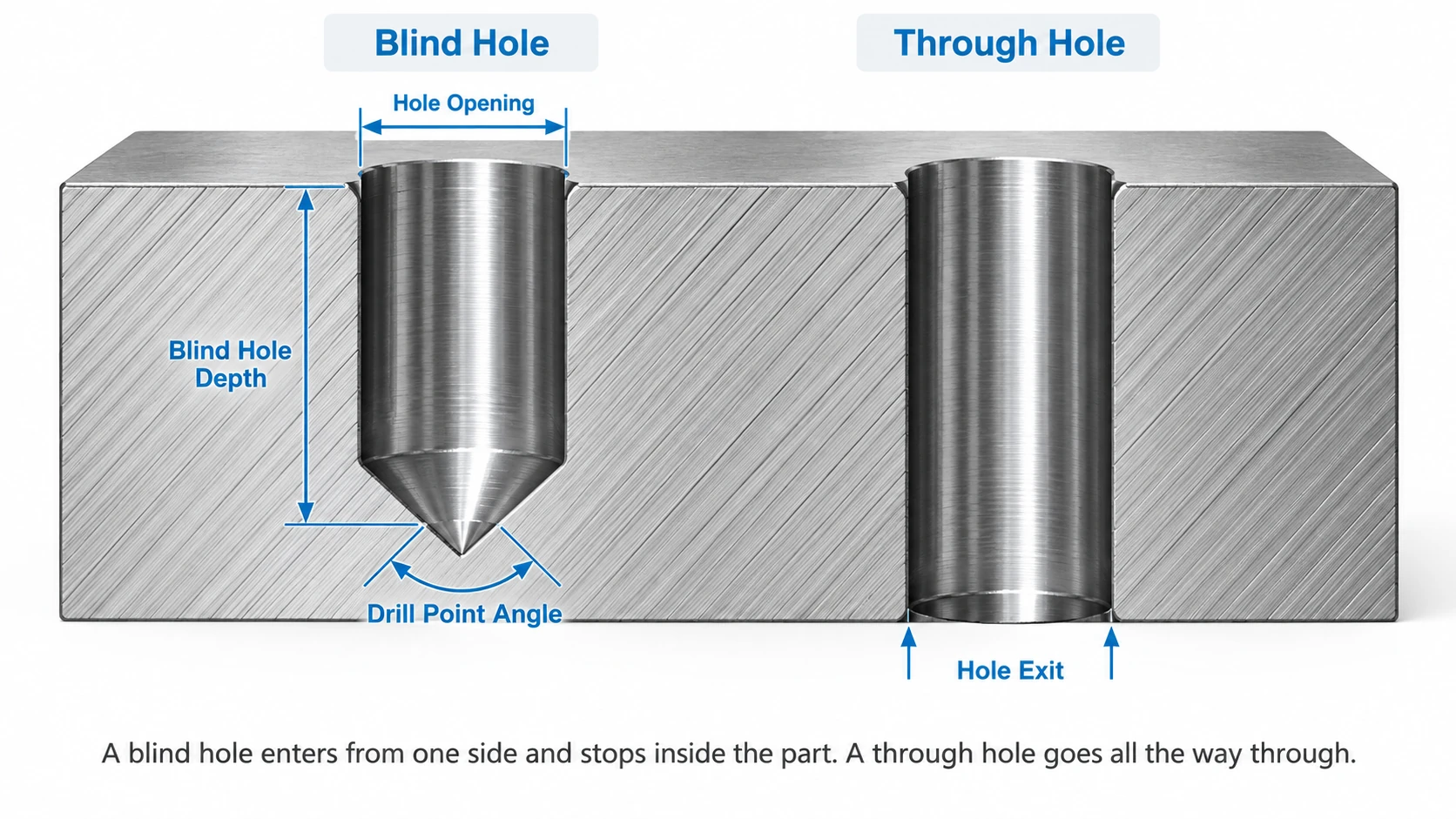 Cross-sectional comparison of a blind hole and a through hole showing hole depth, drill point angle, and hole exit.
