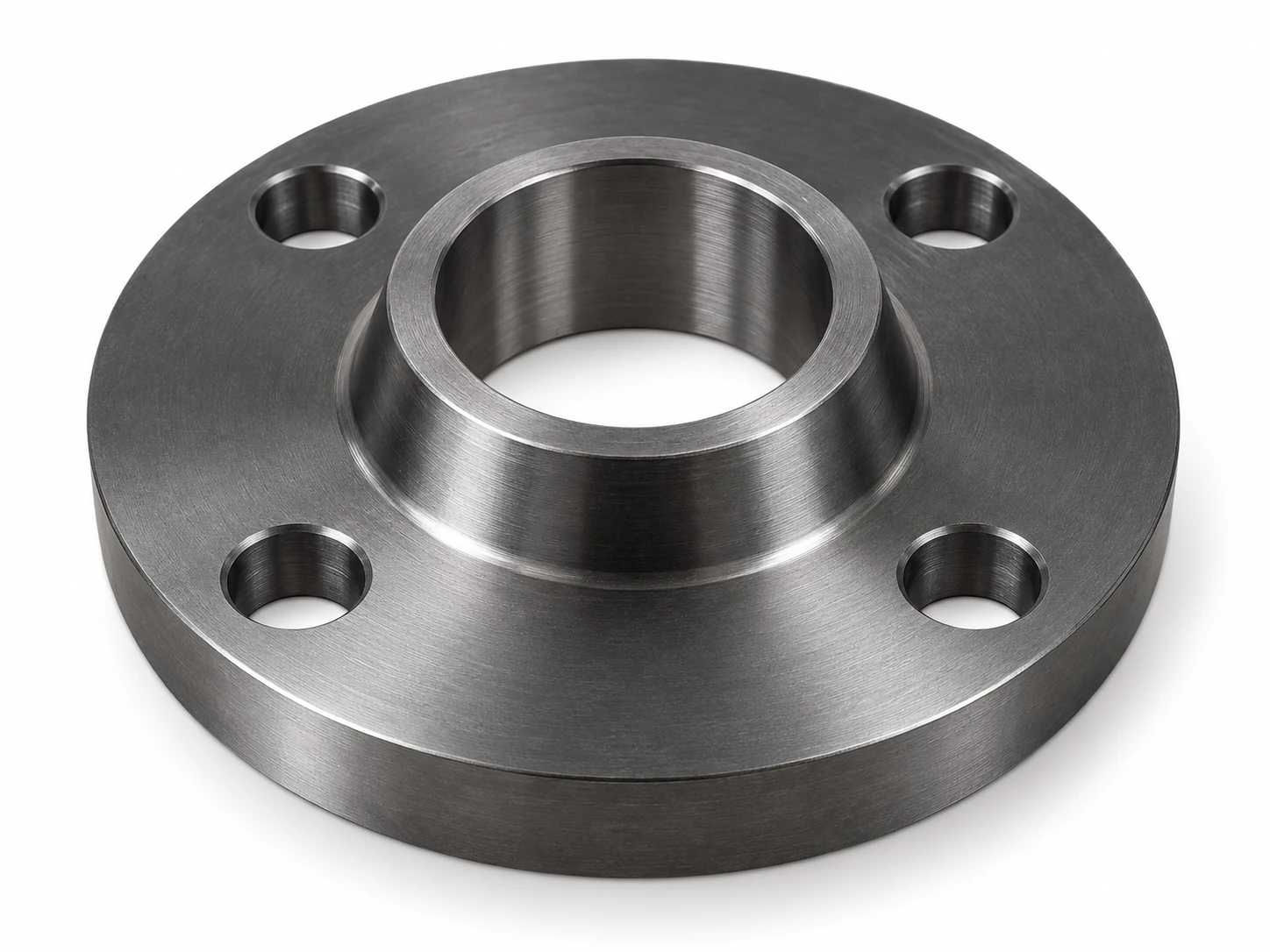 Precision CNC machined carbon steel flange with central bore and mounting holes