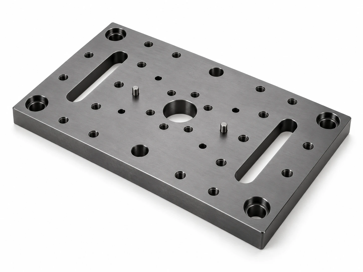 CNC machined carbon steel mounting plate with threaded holes, slots and alignment features