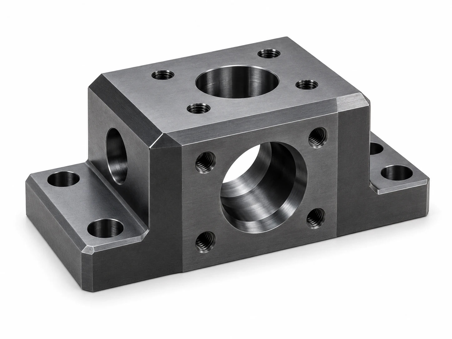 CNC machined carbon steel mounting block with precision holes and flat surfaces