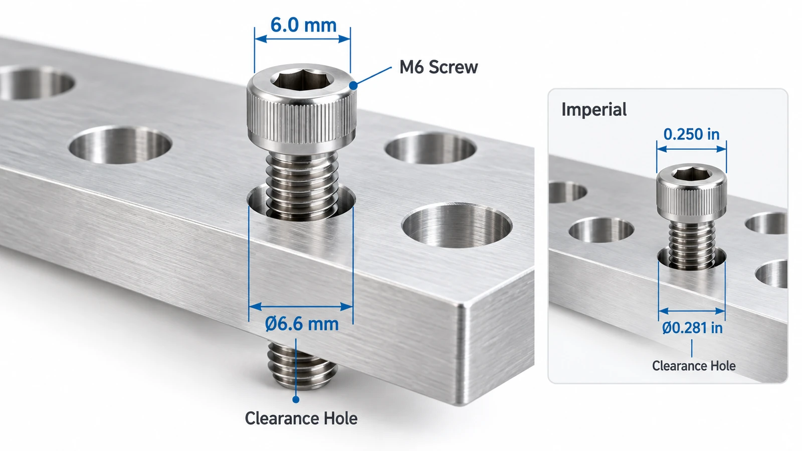 Metric and imperial clearance hole size chart illustrated with CNC machined aluminum plates and screws