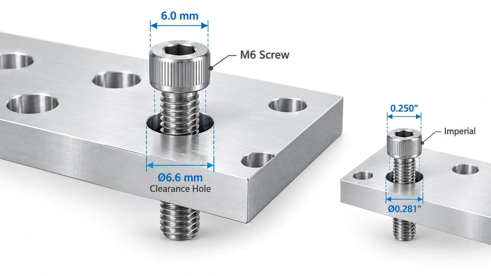 M6 close normal and loose clearance holes comparing 6.4 mm 6.6 mm and 7.0 mm diameters