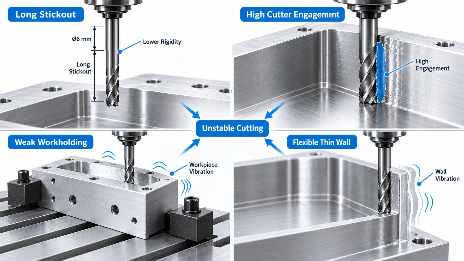 Main causes of CNC chatter including long tool stickout weak workholding thin walls and excessive cutting engagement