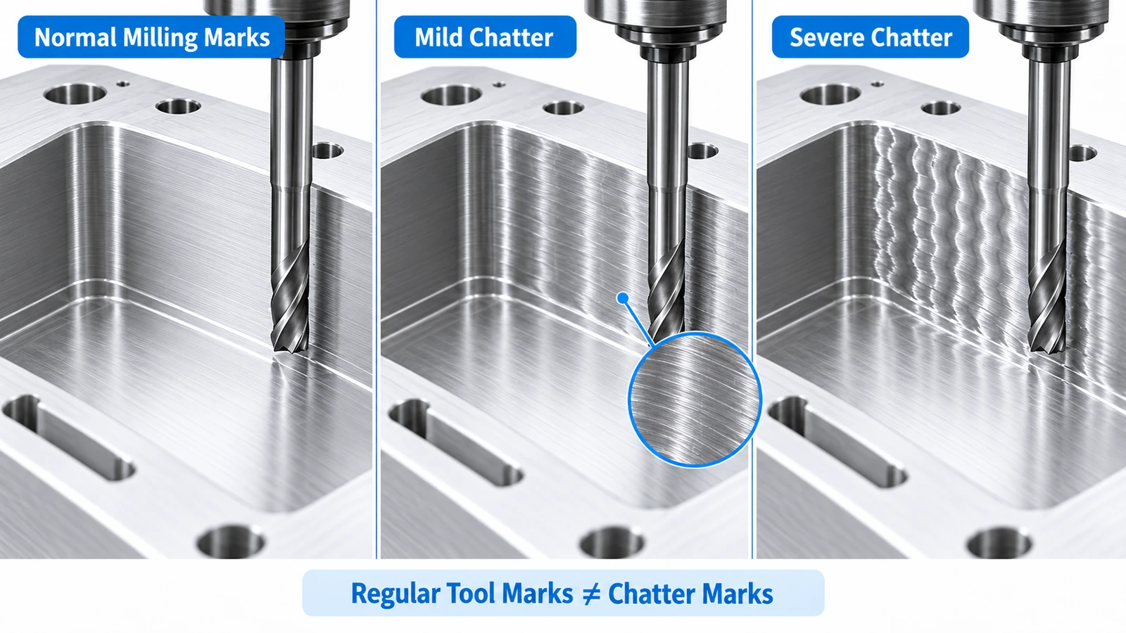 CNC chatter marks compared with normal milling tool marks on an aluminum surface
