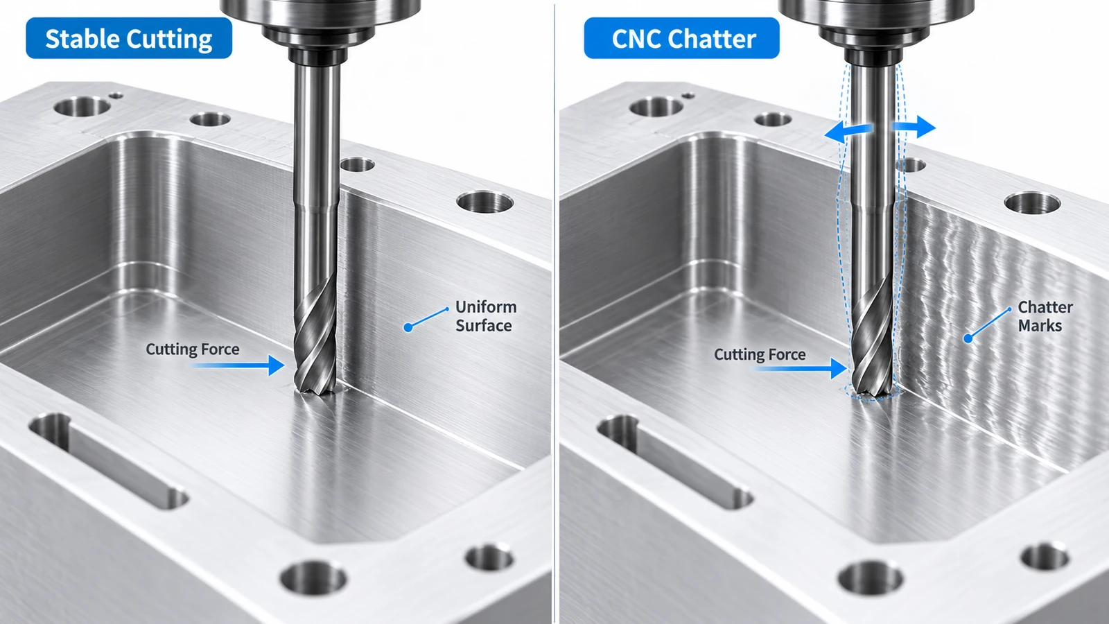 CNC chatter comparison showing stable milling and vibration marks on an aluminum machined wall