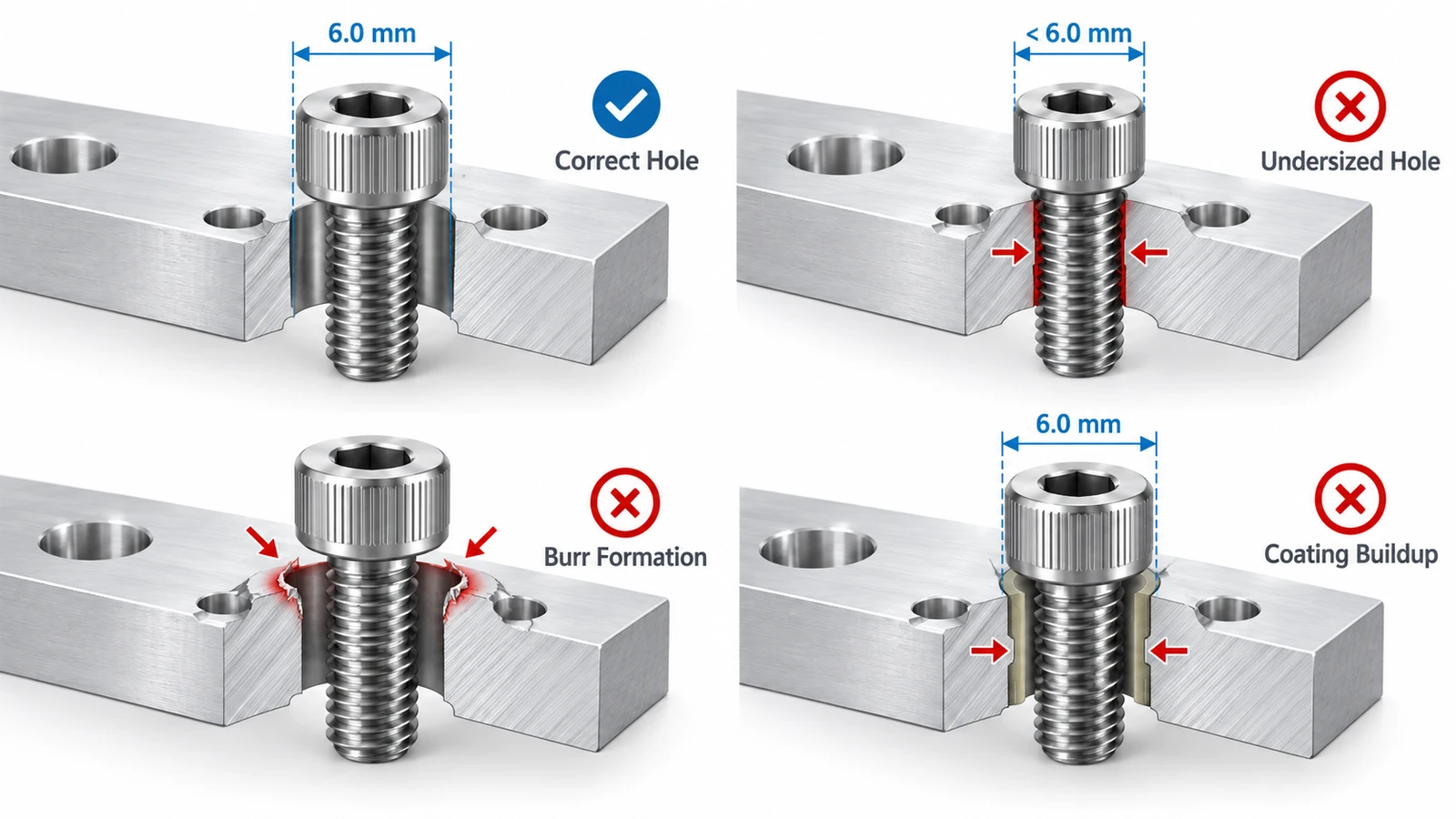 CNC clearance hole problems including undersized holes burrs and coating buildup