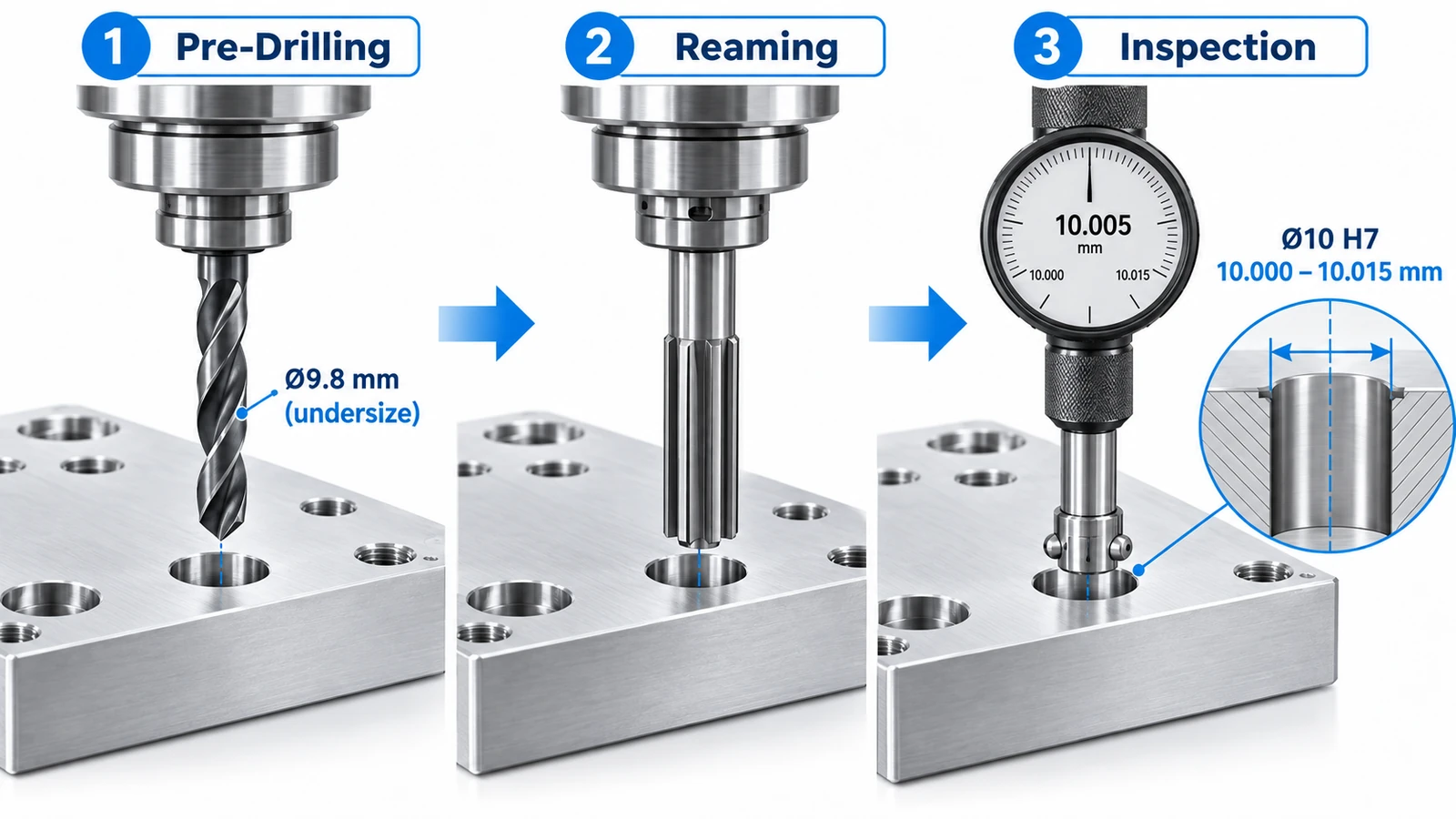 CNC dowel pin hole machining process showing pre drilling precision reaming and hole inspection