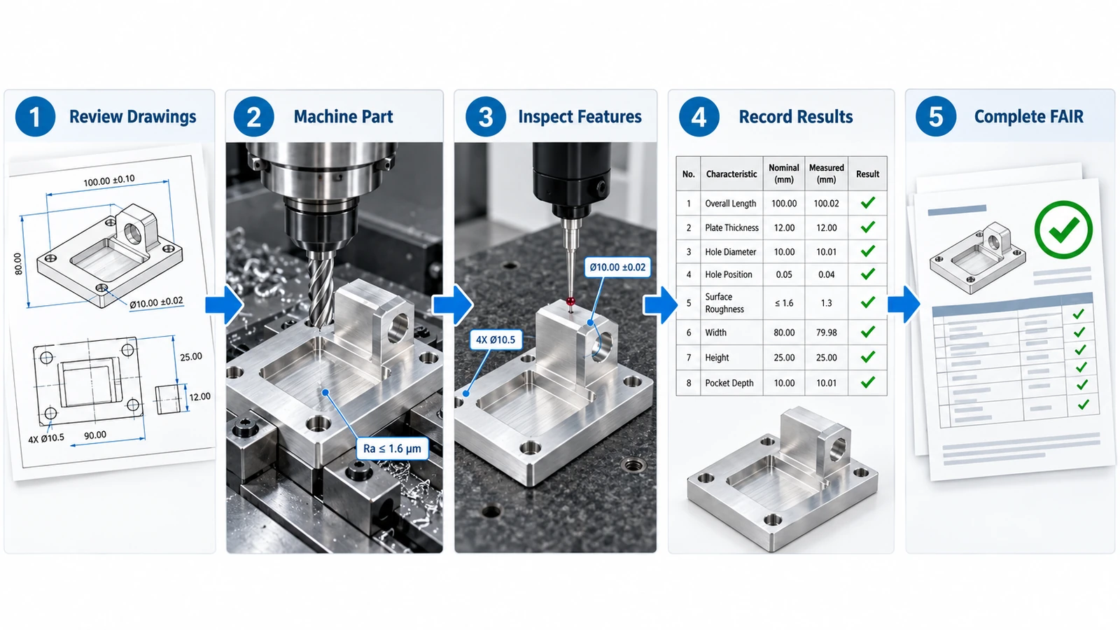 Five-step first article inspection process from drawing review and CNC machining to measurement and FAIR documentation