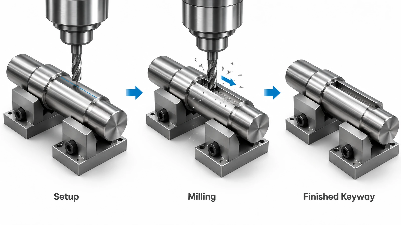 CNC keyway milling process showing shaft setup, end mill cutting, and a finished external keyway