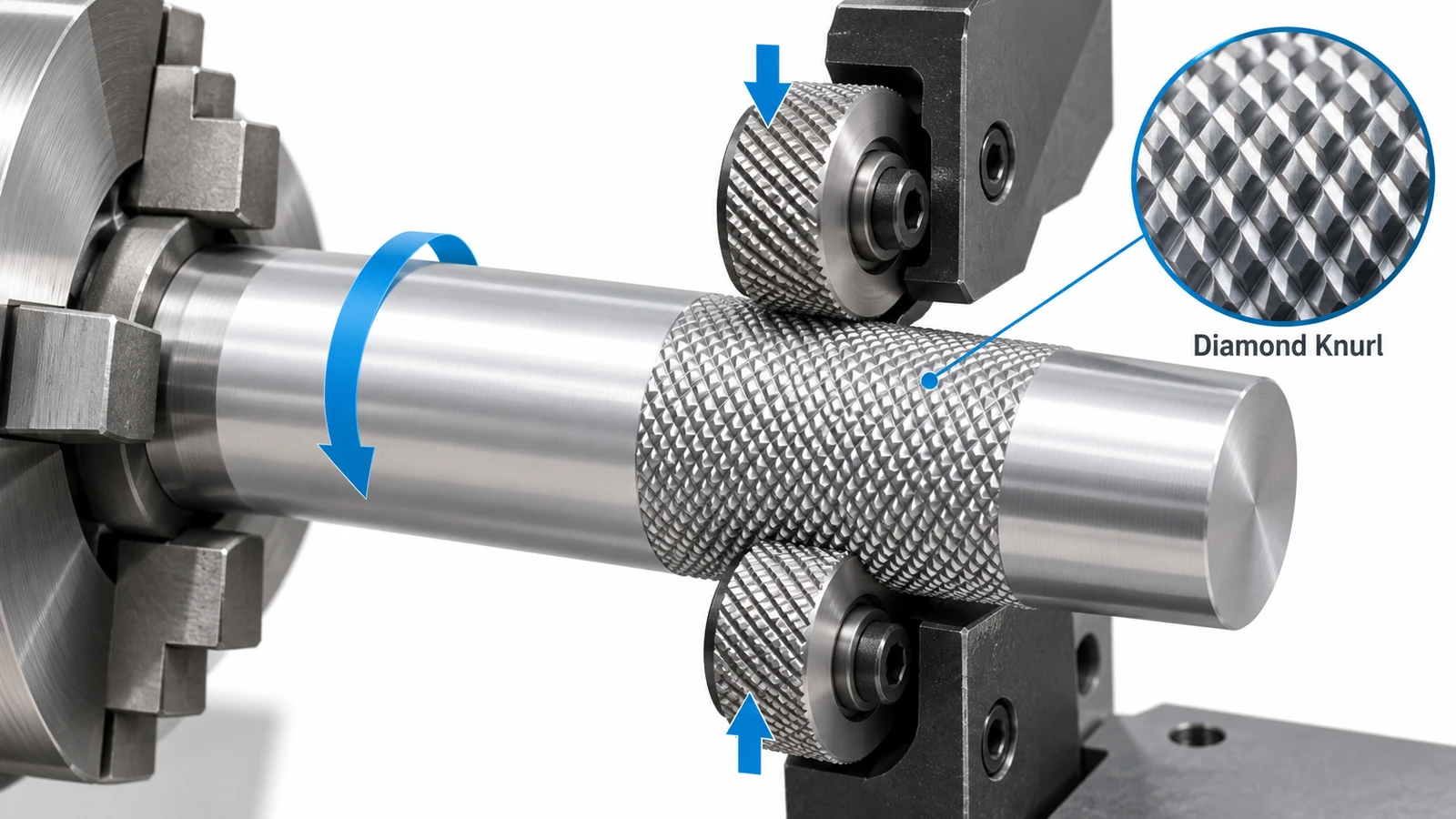CNC knurling process creating a diamond pattern on an aluminum cylindrical part using knurling wheels