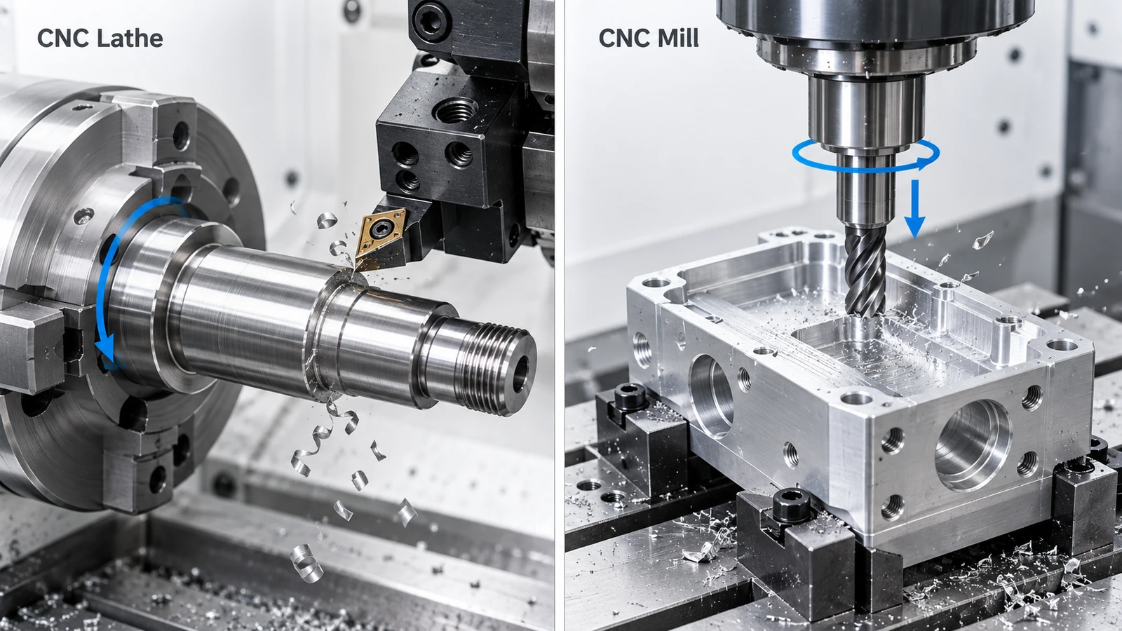CNC lathe versus CNC mill comparison showing a turning operation on a shaft and a milling operation on a housing