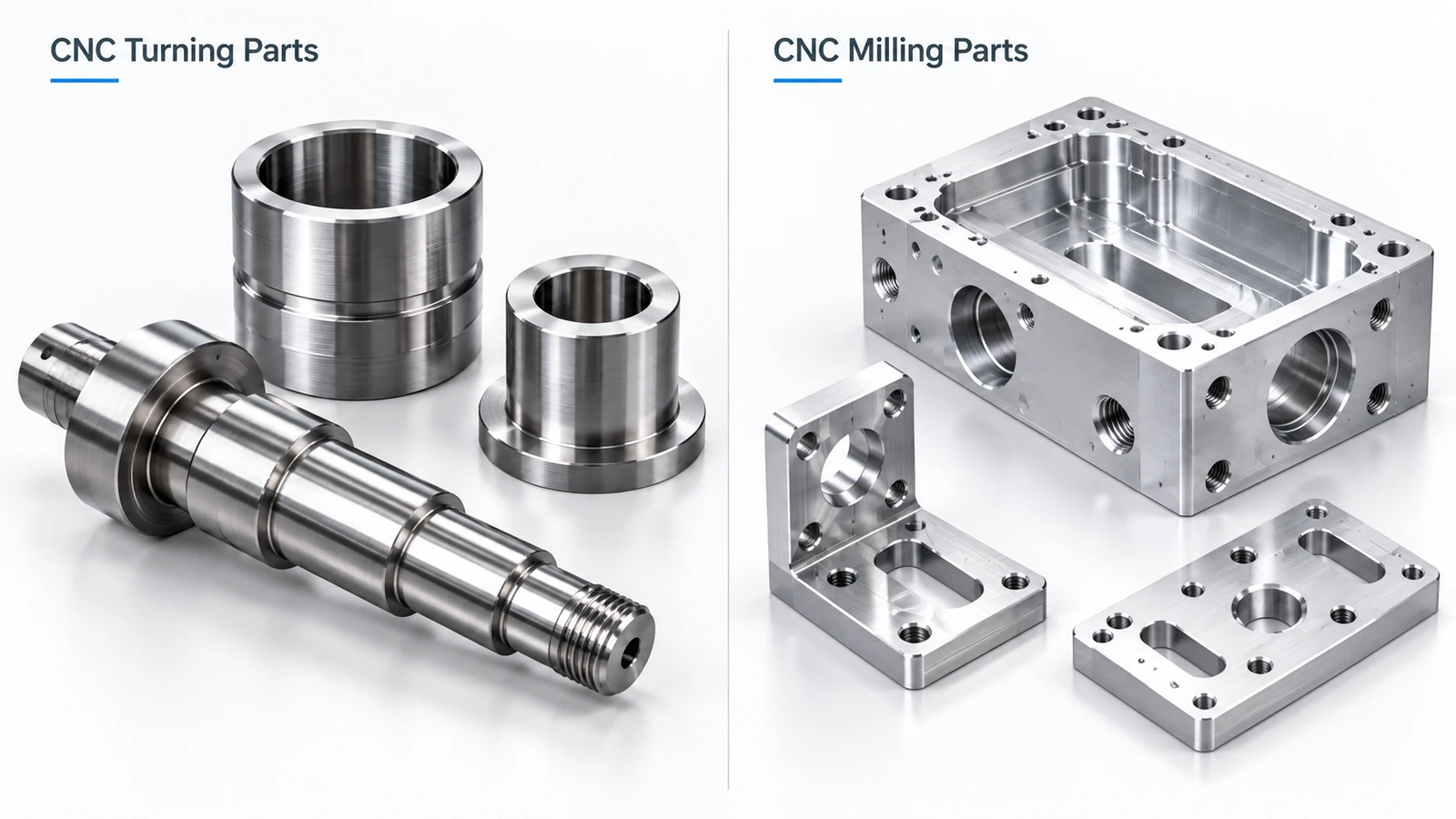 CNC lathe and CNC mill part comparison showing typical turned shafts and milled housings
