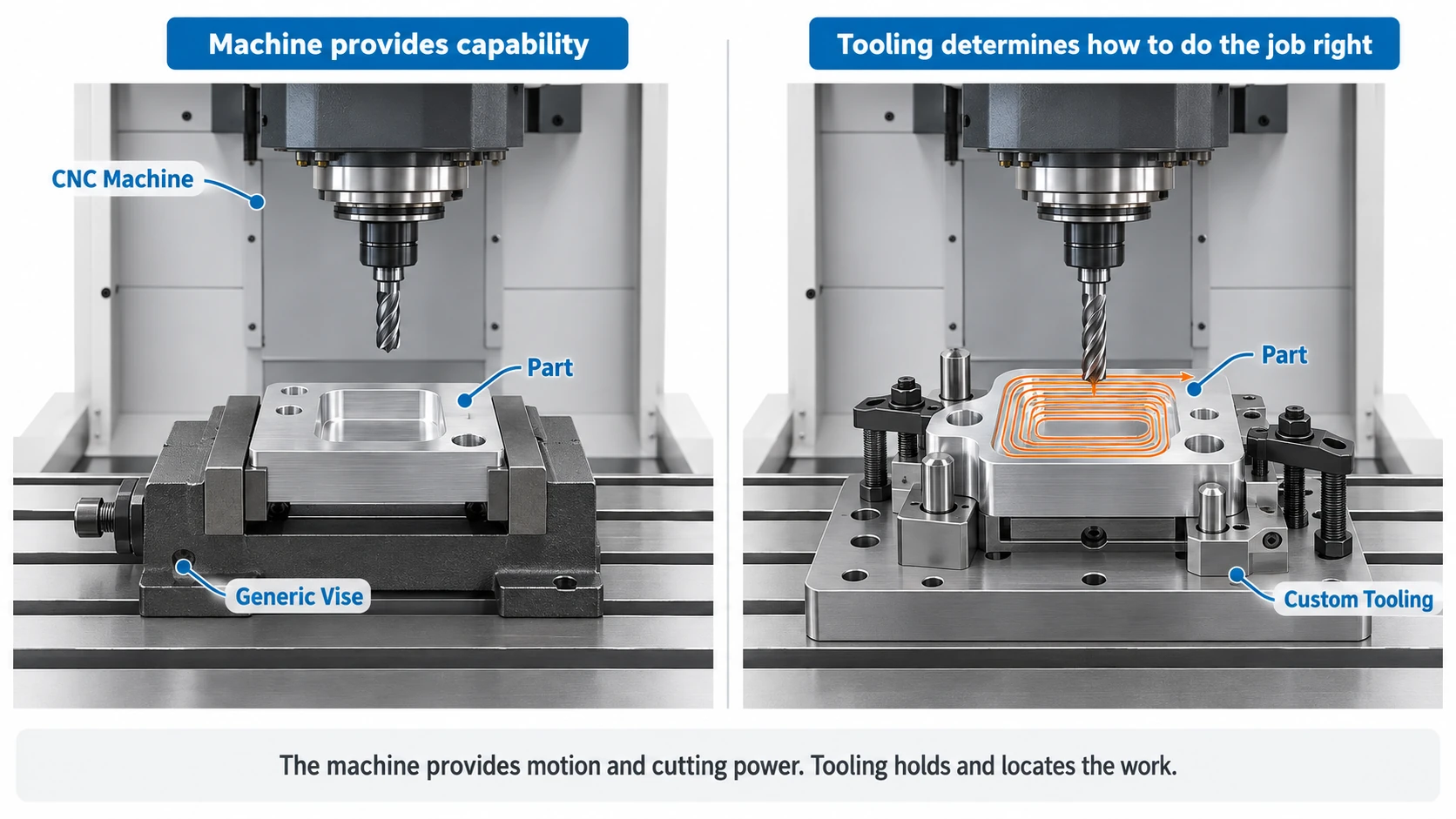Comparison of a CNC machine using a standard vise and custom tooling to hold and position a machined aluminum part.