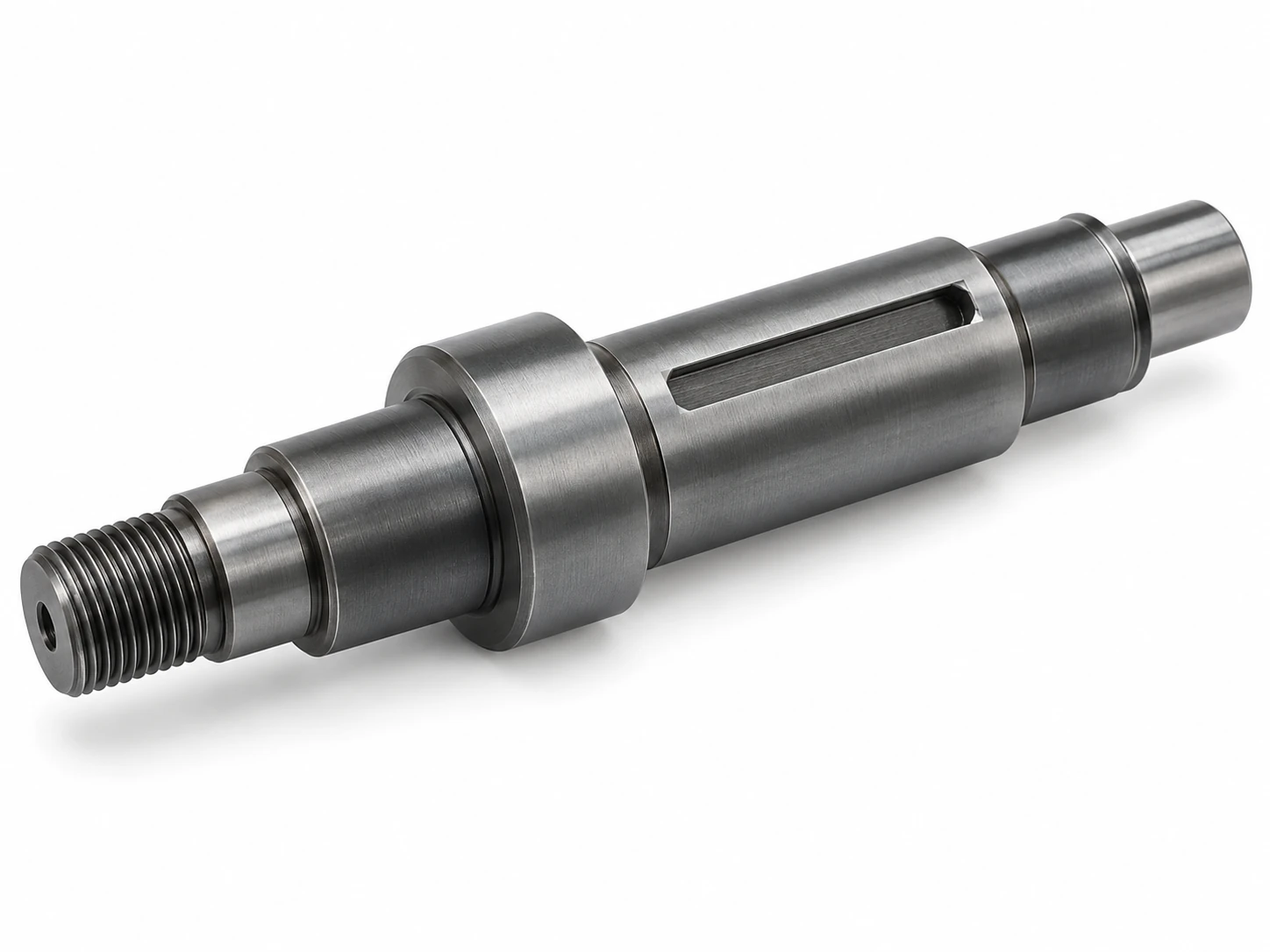 CNC machined carbon steel shaft with precision shoulders, keyway and threaded end