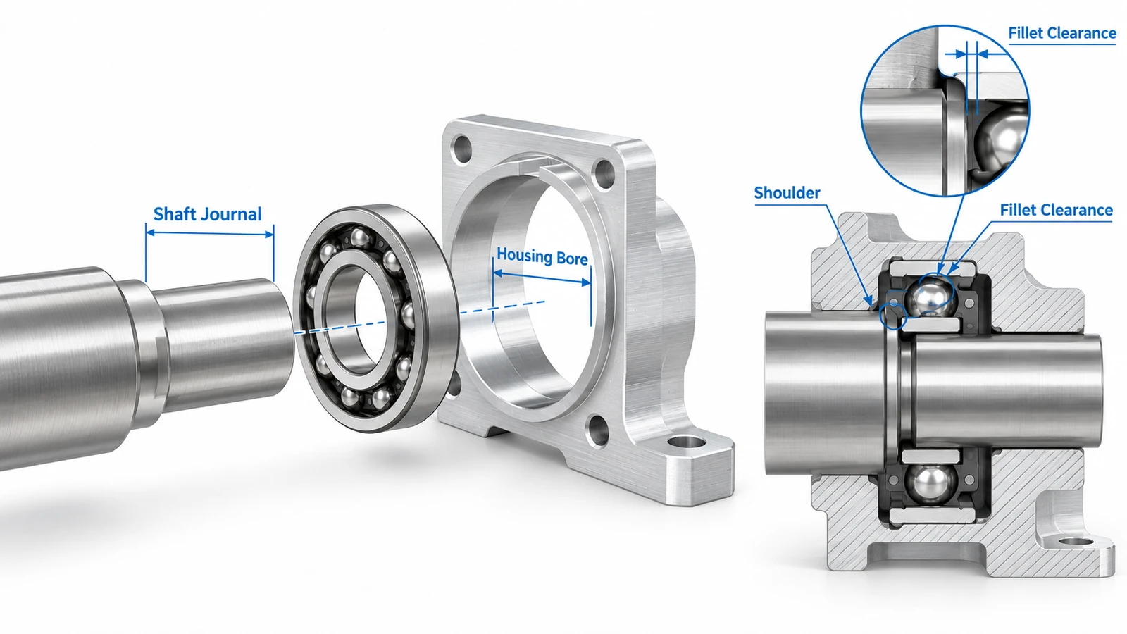 Precision CNC machined shaft and bearing housing showing bearing seat and shoulder features