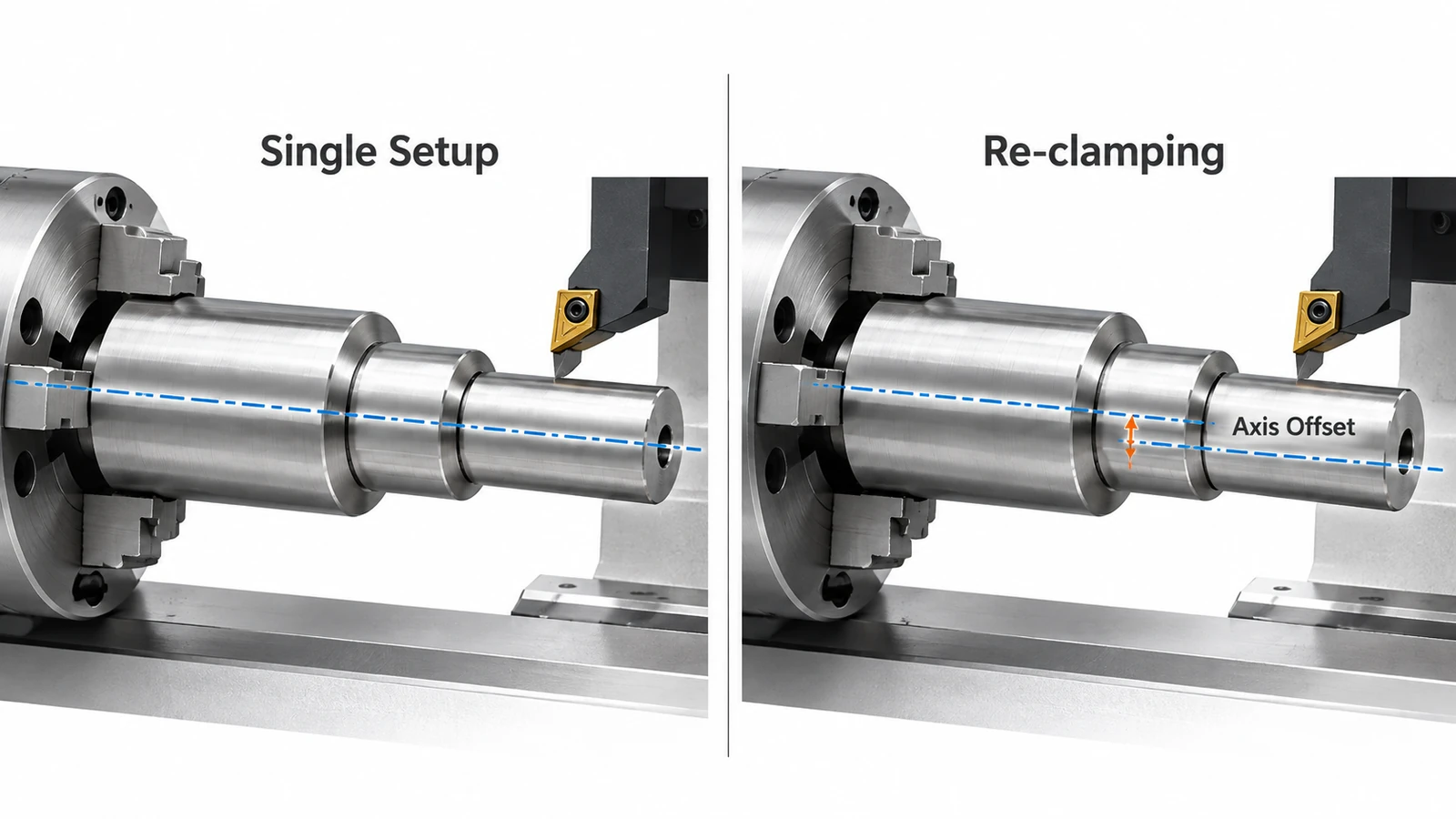 CNC turning comparison showing single-setup machining and re-clamping axis misalignment