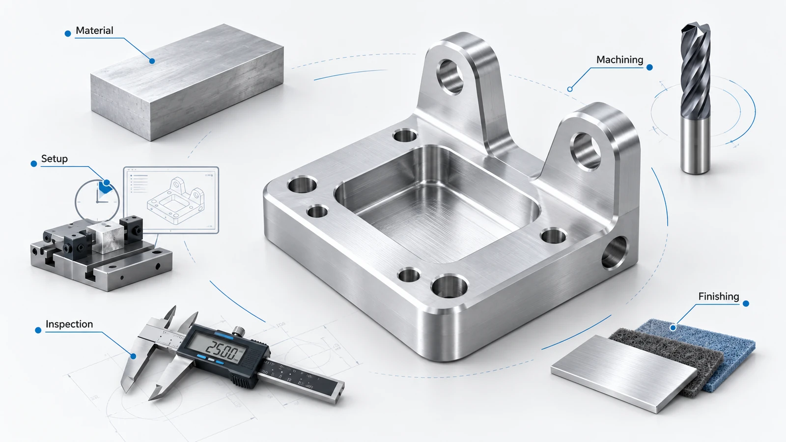 CNC machining cost factors including material, setup, machining, inspection, and finishing