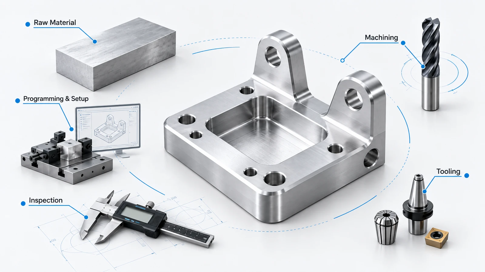CNC machining cost per part comparison for 1, 10, and 100 aluminum brackets at $138, $30, and $19.20
