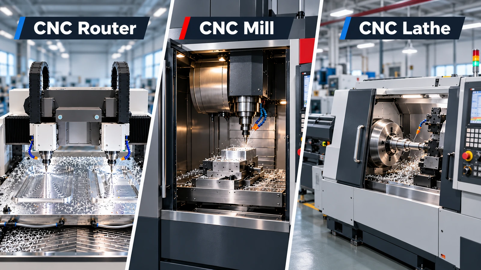 Side-by-side comparison of a CNC router, CNC milling machine, and CNC lathe used for machining metal parts