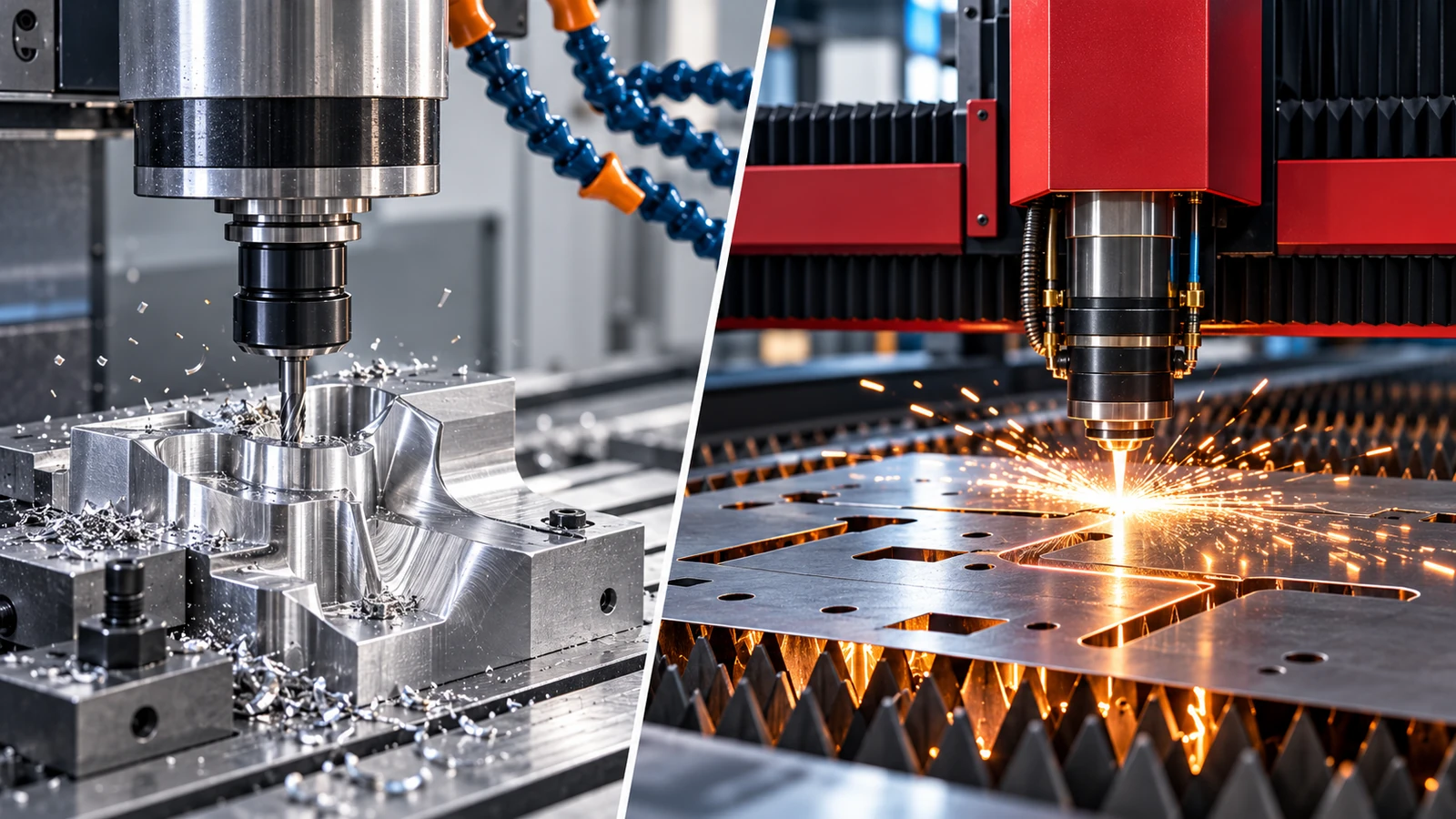 Side-by-side comparison of CNC milling an aluminum part and laser cutting a metal sheet